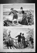 Old Antique Print Viajeros Visit Niagara Falls Looking Edge Goat Island