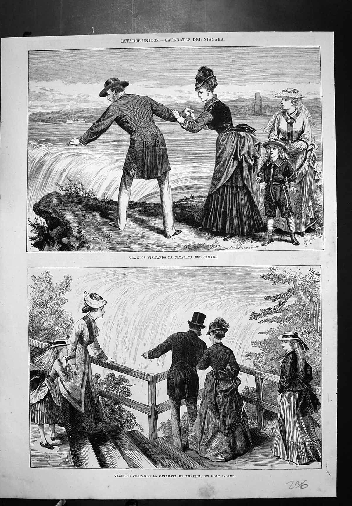 Old Antique Print Viajeros Visit Niagara Falls Looking Edge Goat Island