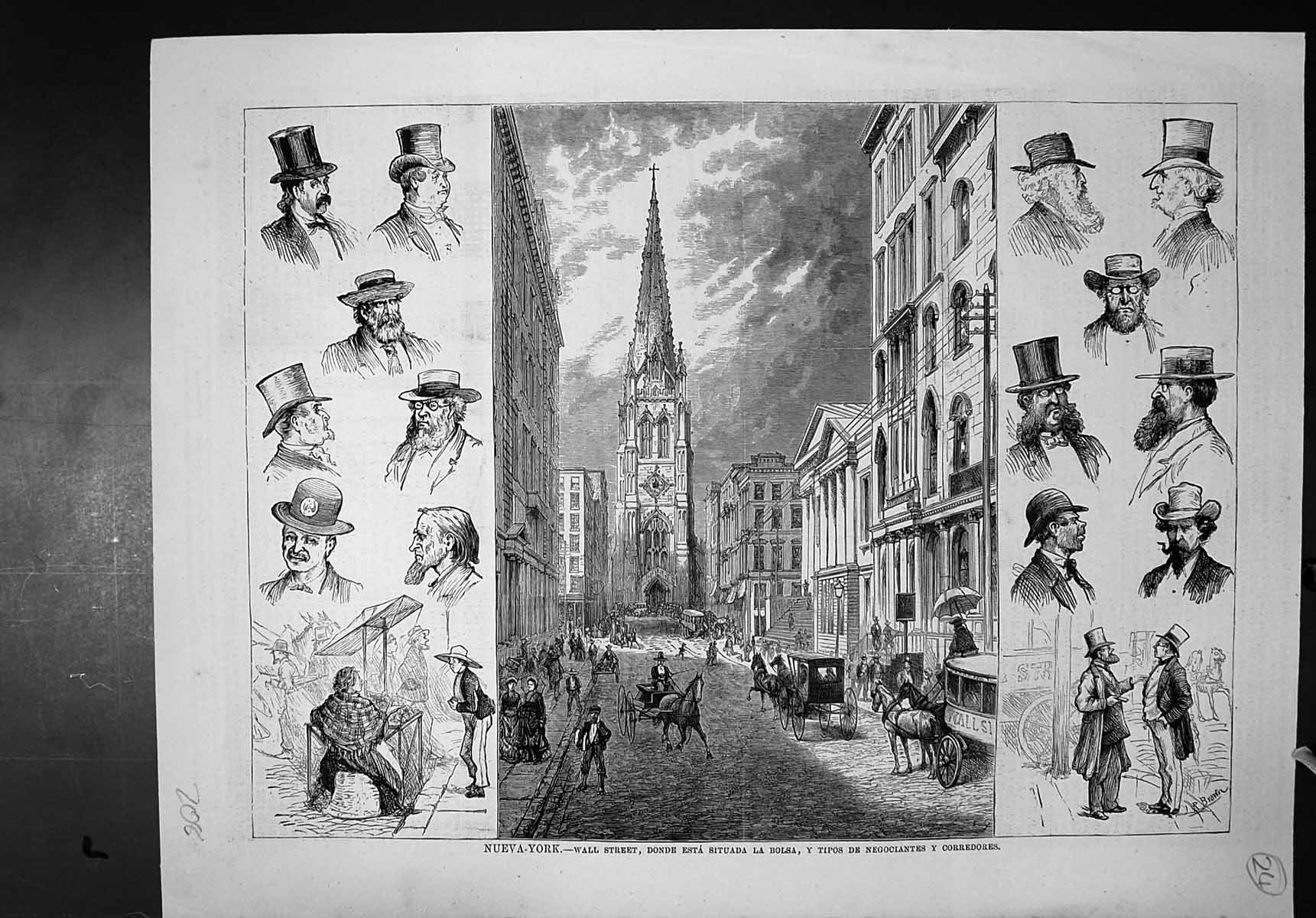 Old Antique Print New York Wall Street Church Bolsa Corredores Characters
