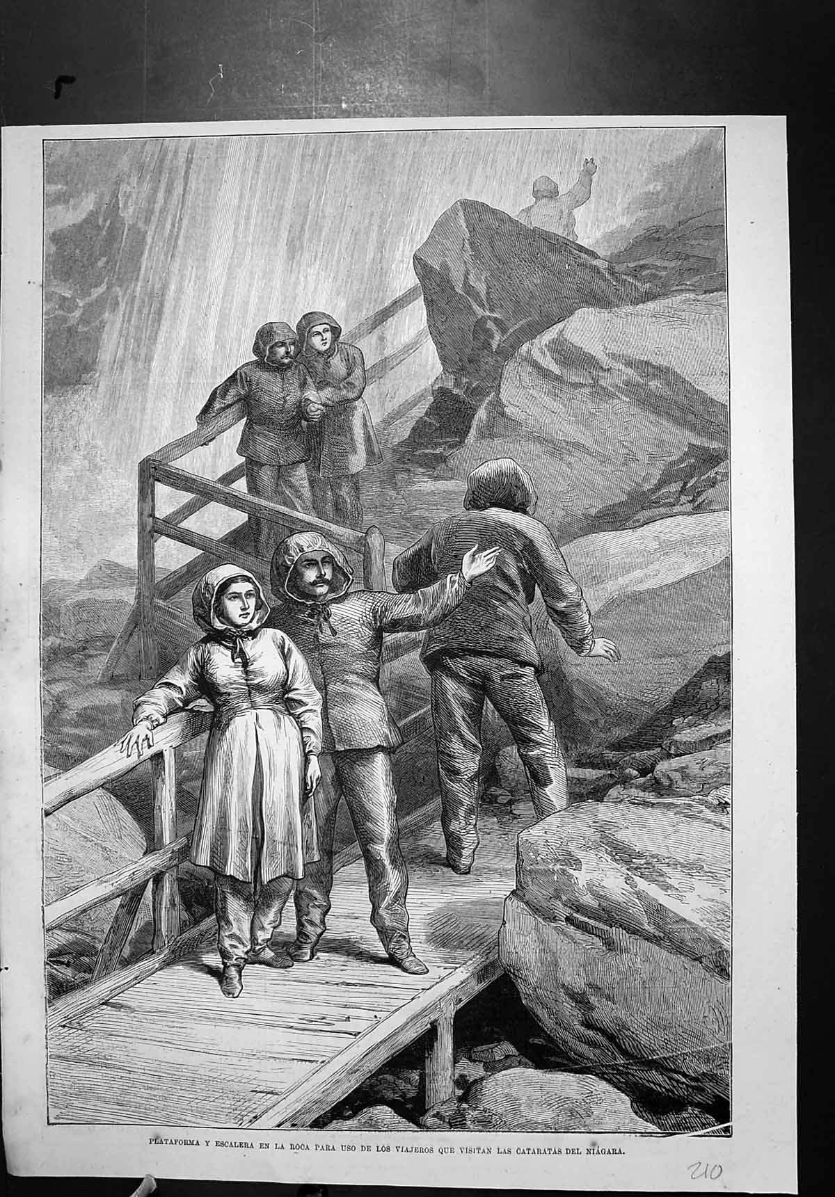 Antique Old Print People Waterpros Platform Roca Para Viajeros Niagara Falls