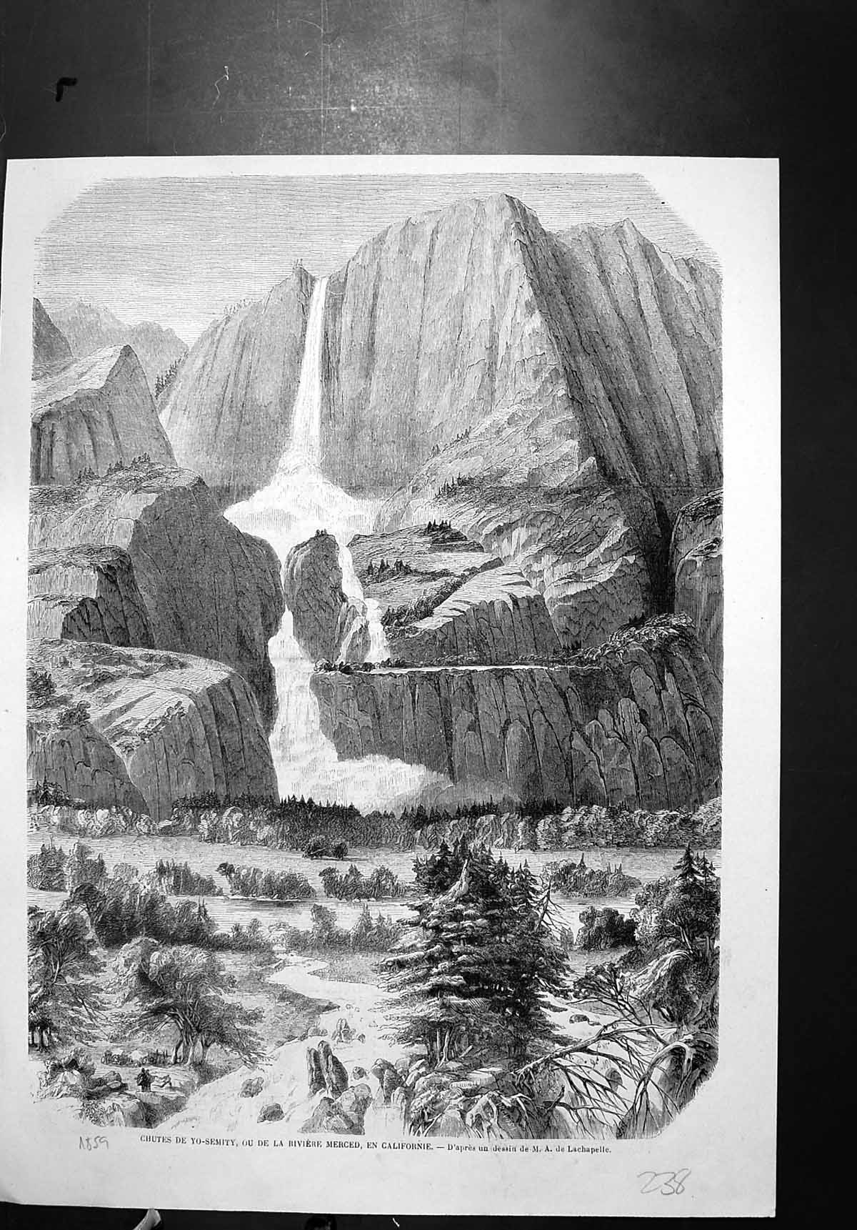 Antique Old Print Falls Yo Semity River Merced California M A Lachapelle 1859