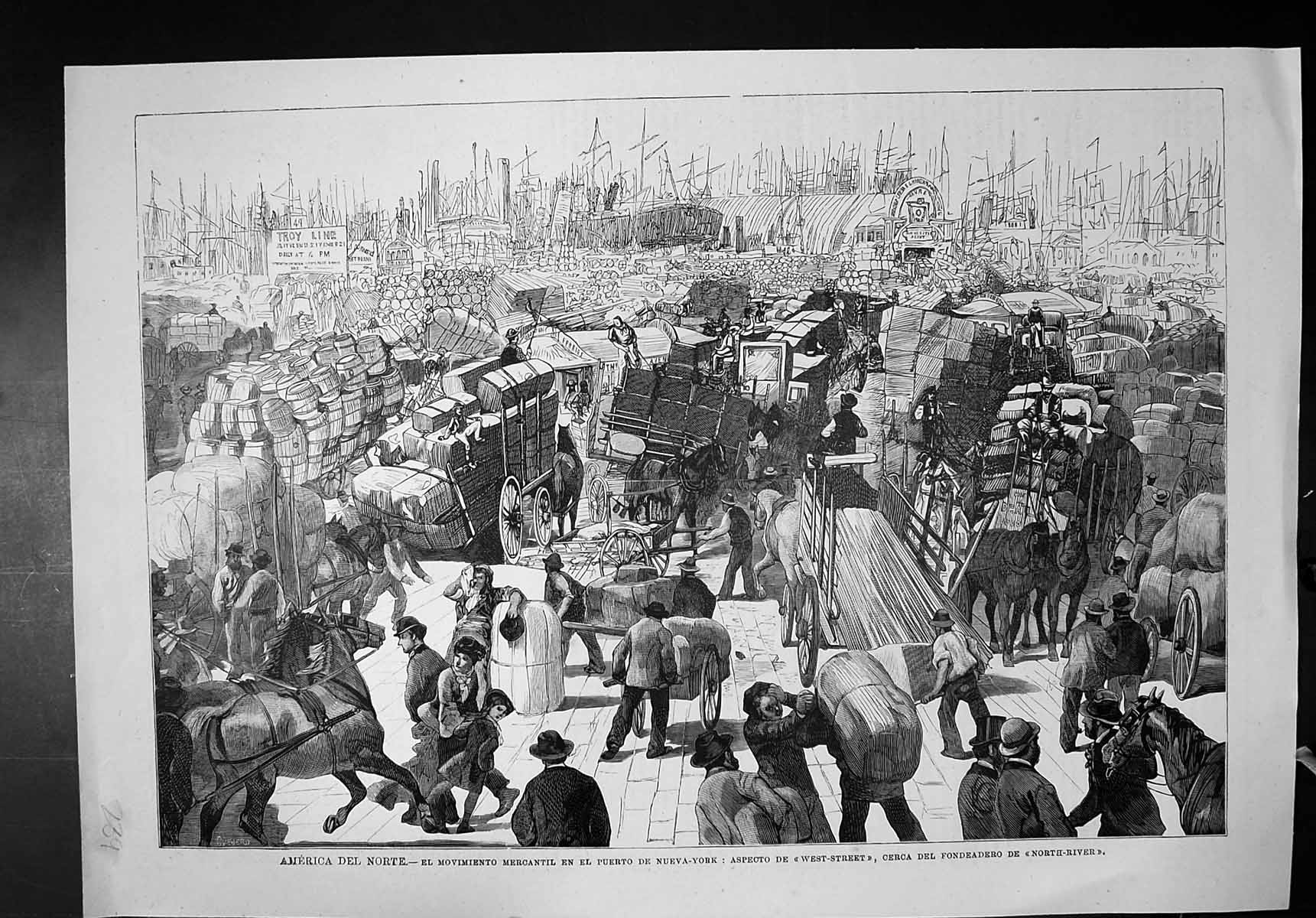 Antique Old Print North America Movement Merchandise Port New York West St