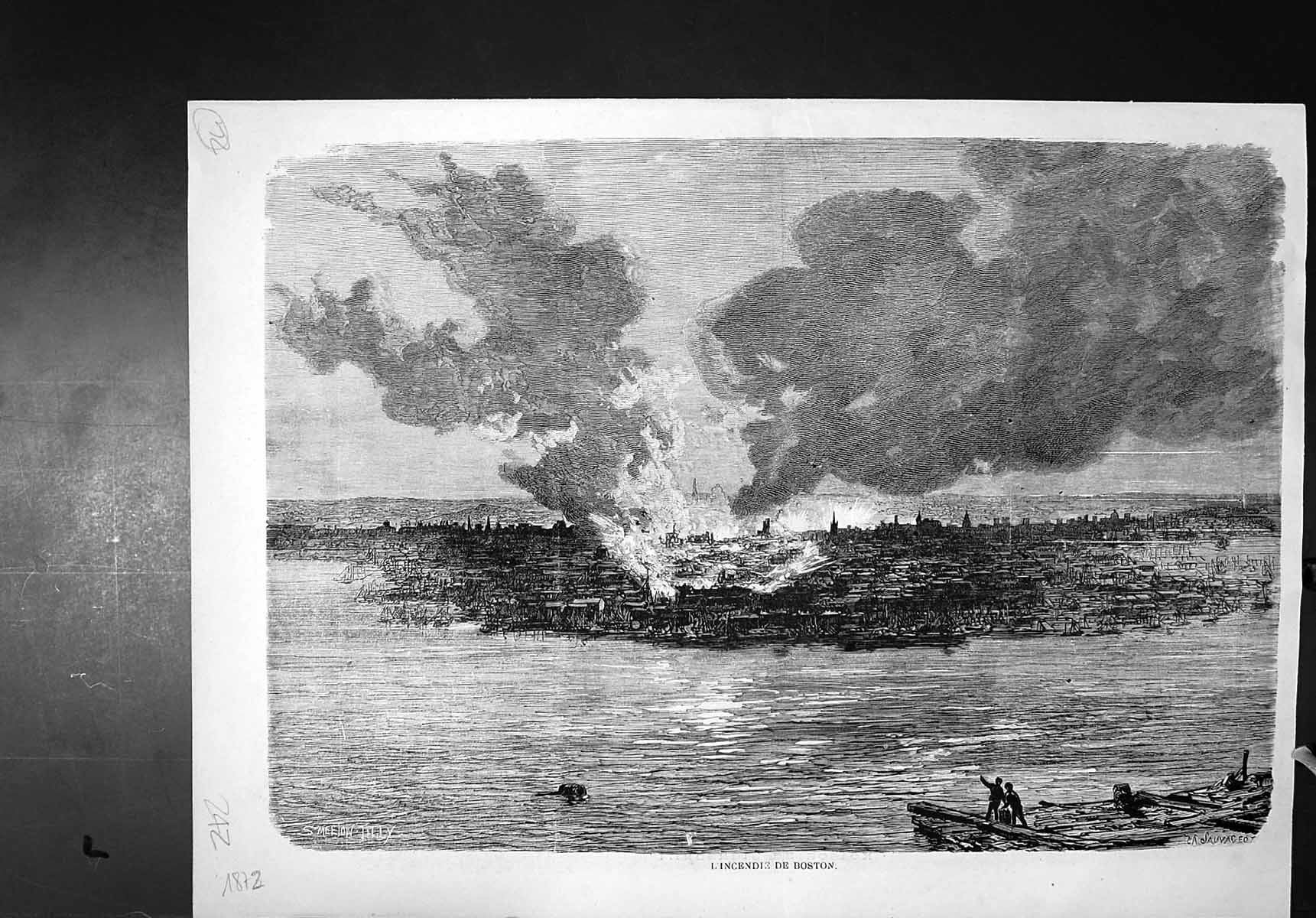 Antique Old Print Fires Boston View City From River Buildings Burning 1872 19th