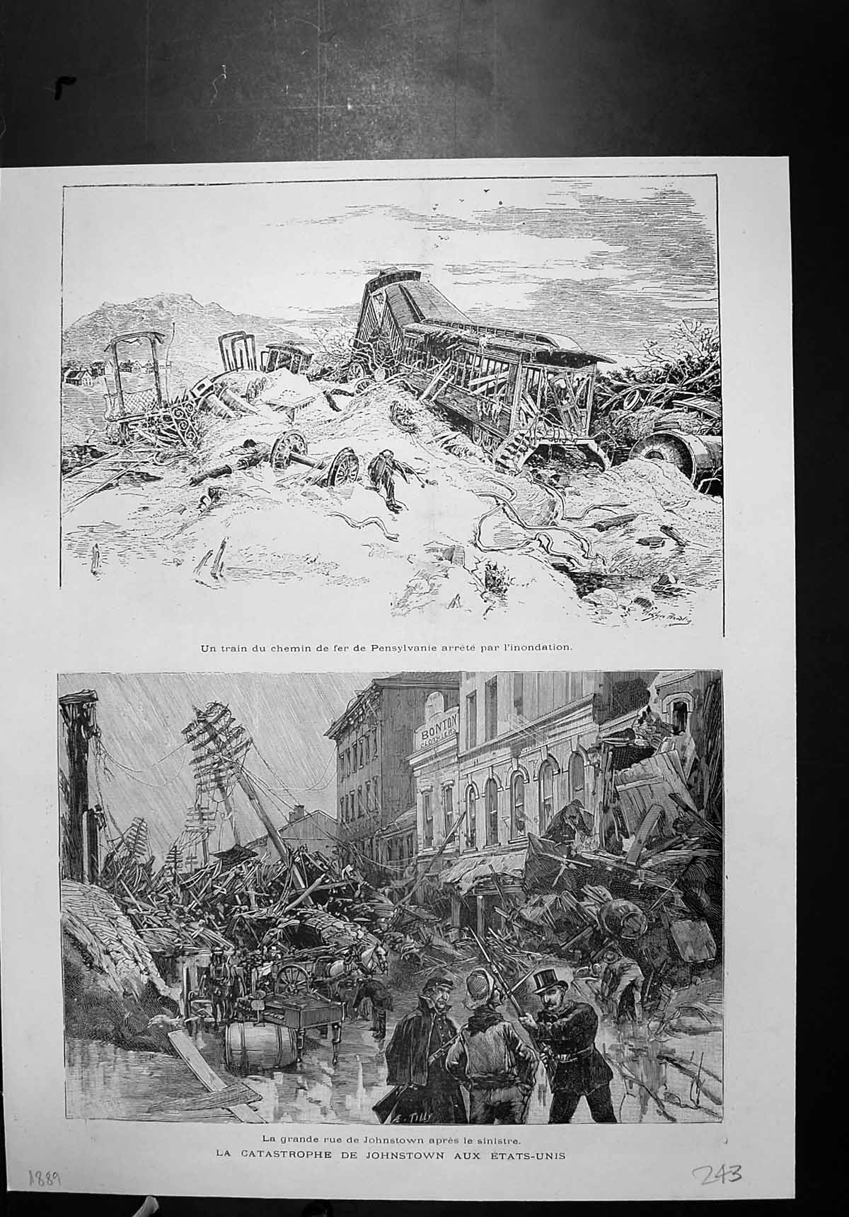Antique Print Catastrophe Johnstown Railway Train Pennsylvania Flooded 1889