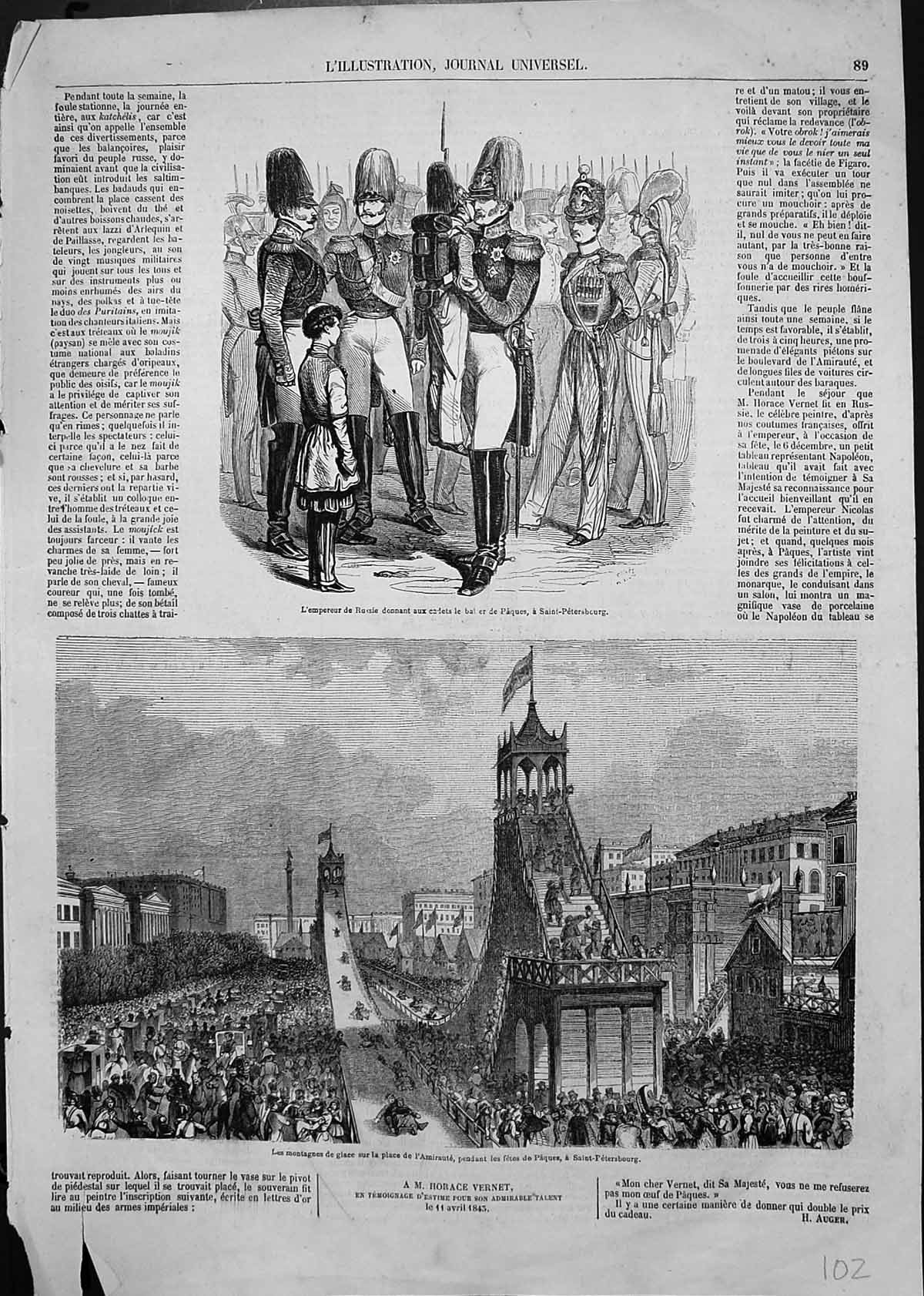 Original Old Antique Print Ice Slide Fetes St Petersburg Emperor Russia Cadets