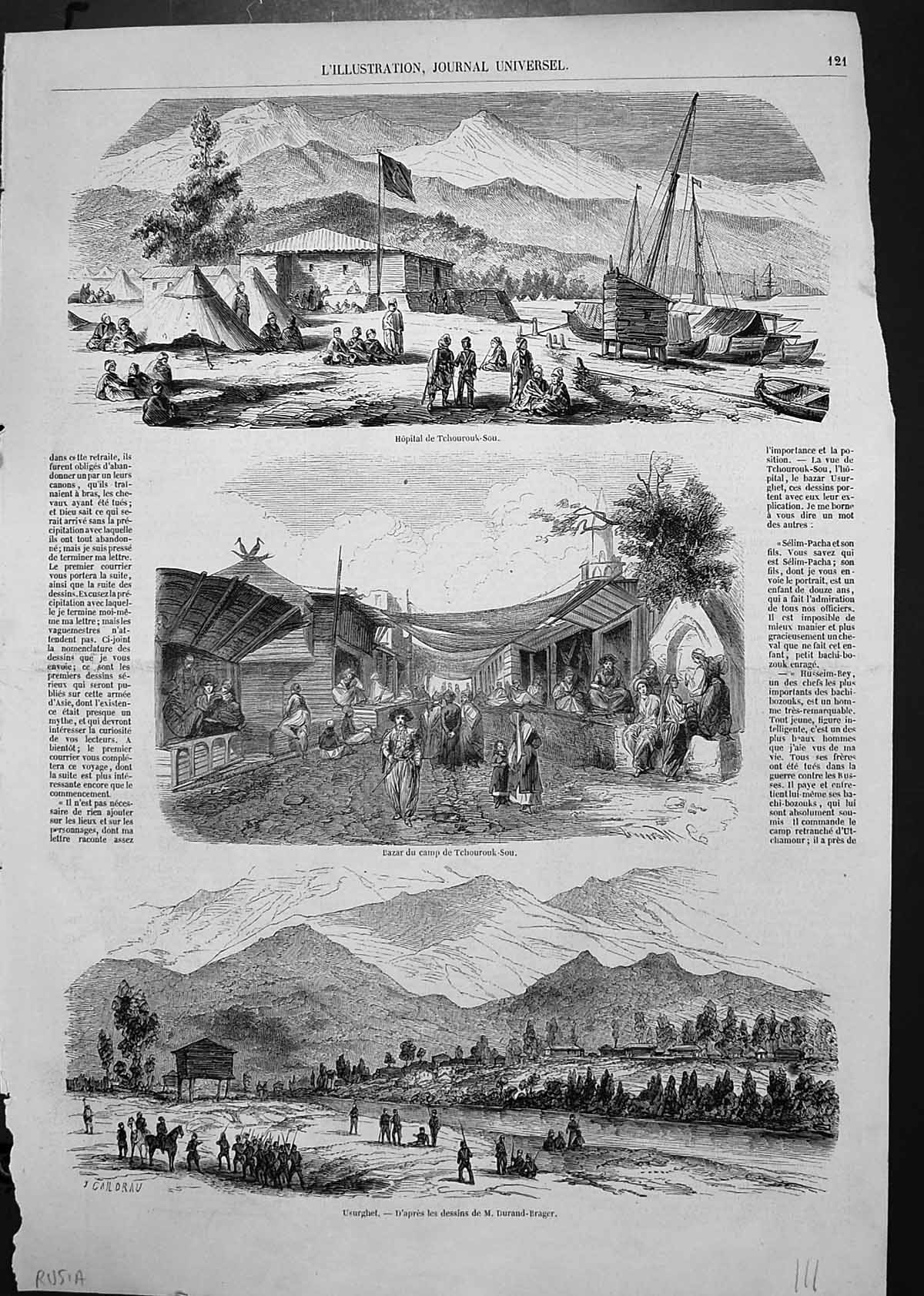 Antique Old Print Hospital Tchourouk Sou Bazaar Camp Usurghet Siers Russia