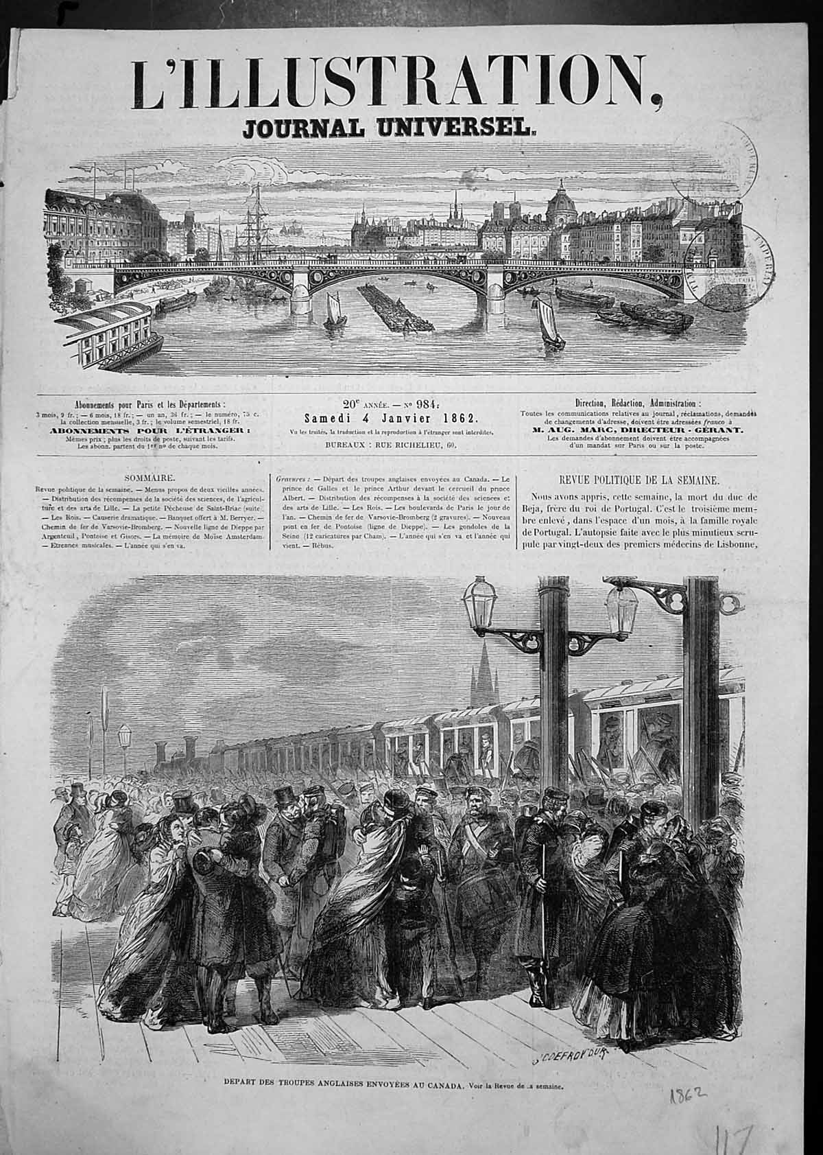 Antique Old Print Departure English Troops To Canada Farewells Station 1862