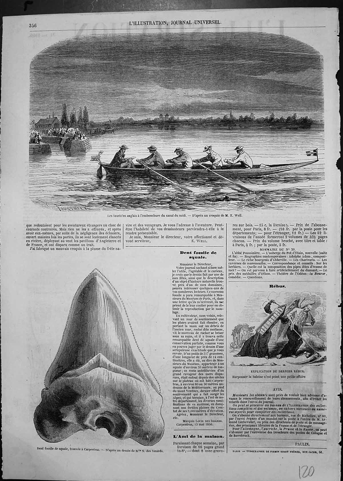 Antique Old Print English Tourists Boat Canal Fossil Carpentras Coal Wheat