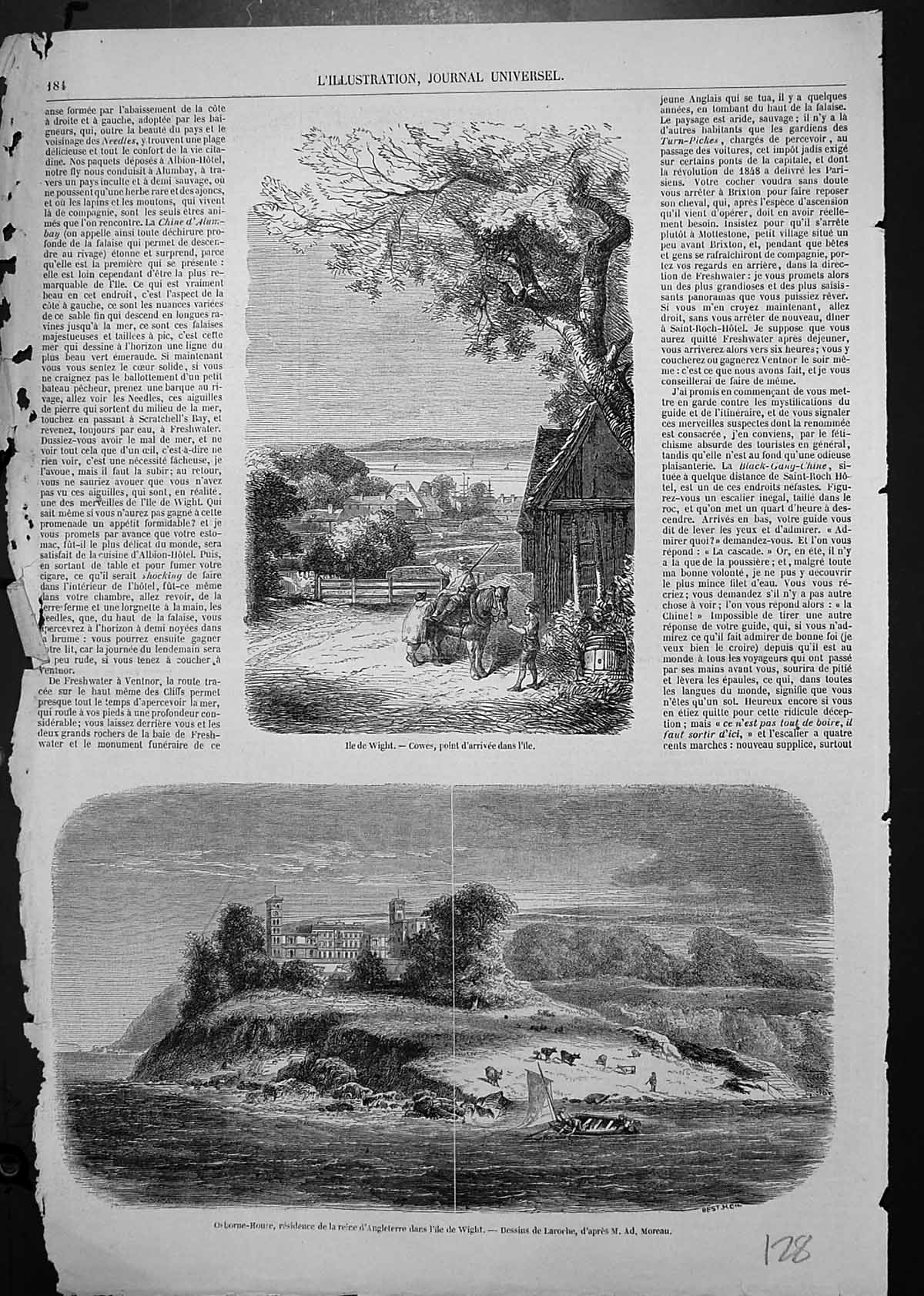 Old Antique Print Isle Wight Cowes Arrival Point Osborne House De Laroche