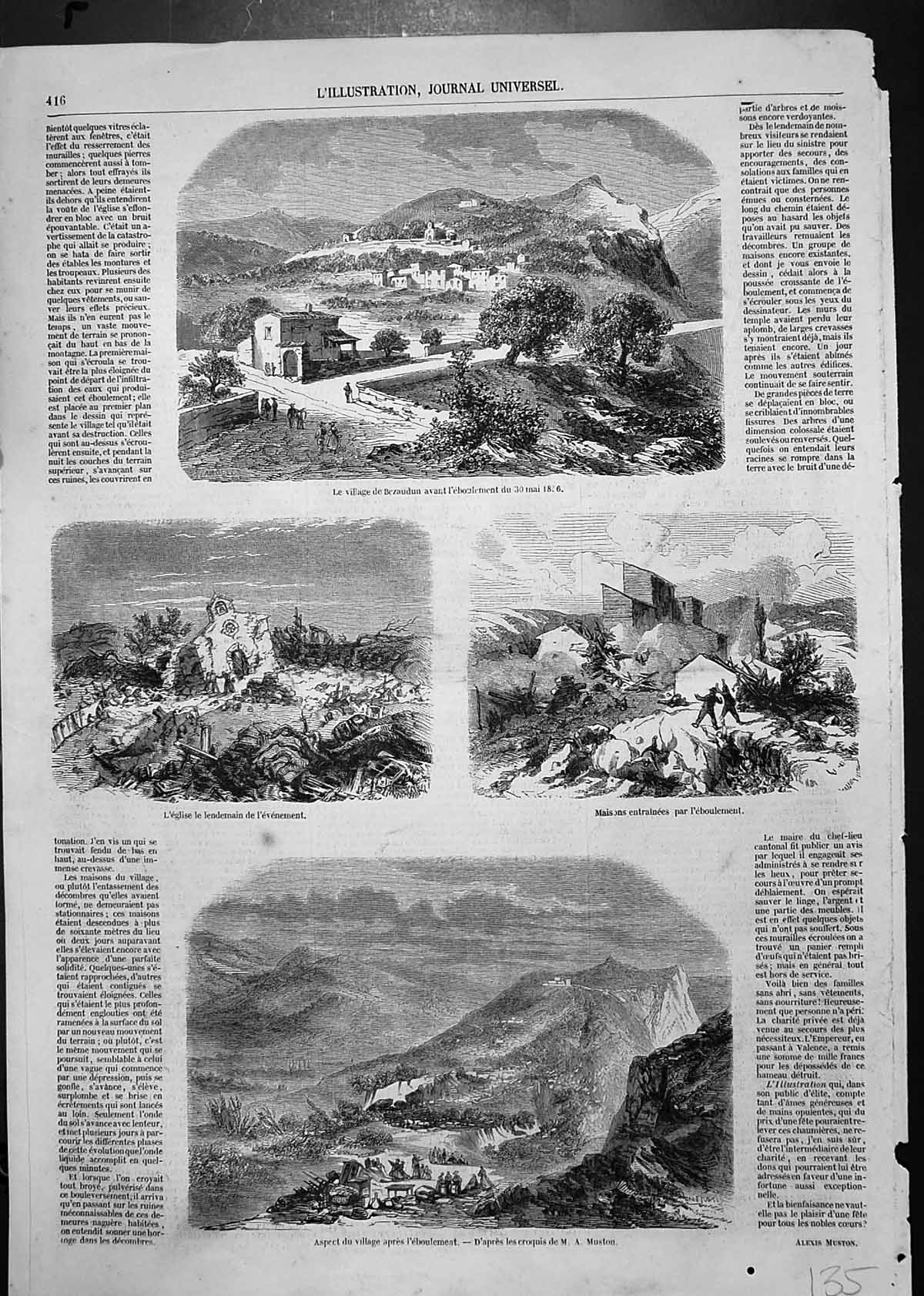 Antique Old Print Village Bezaudun Before Landslide 1856 Church Village After