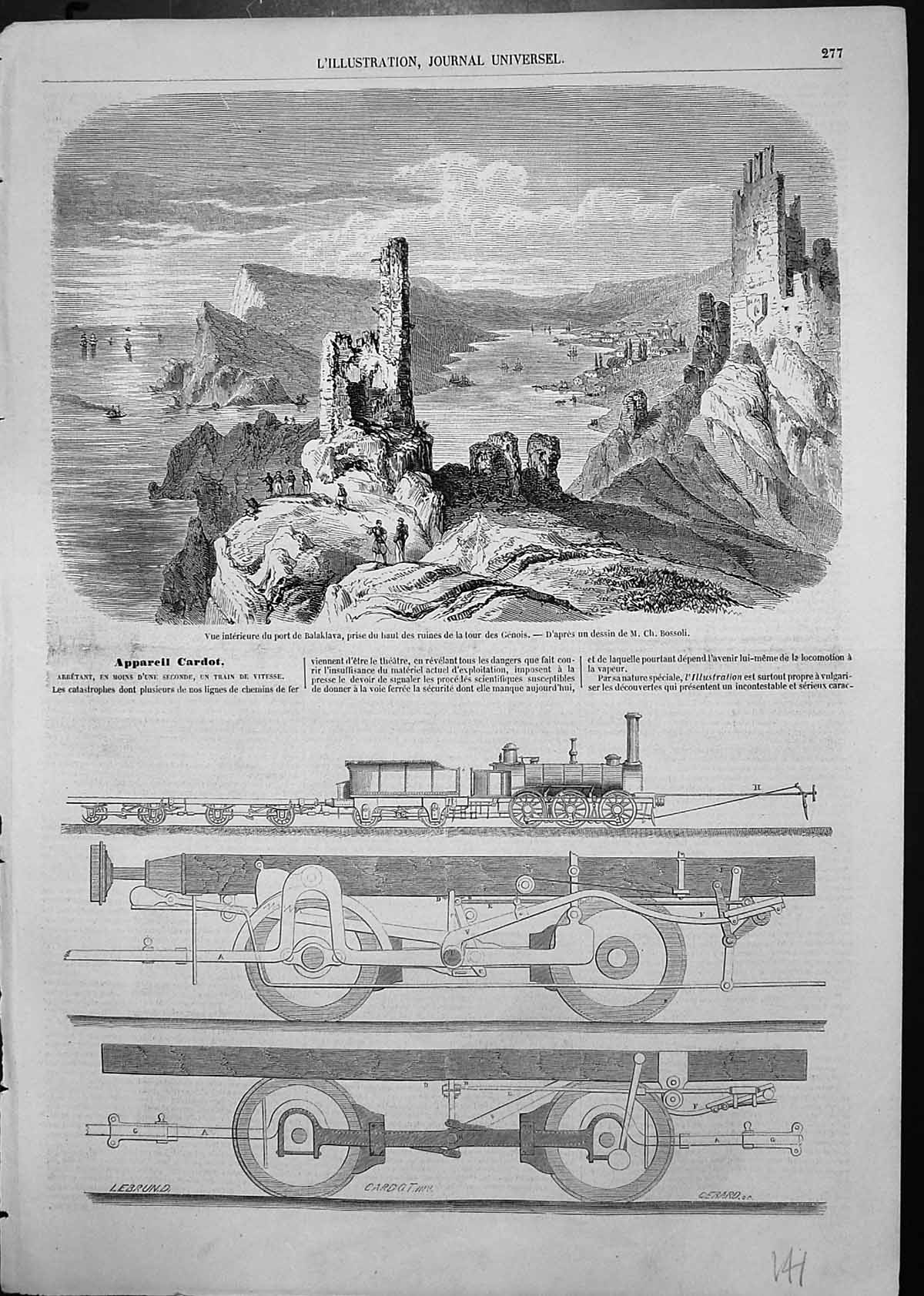 Original Old Antique Print View Port Balaclava Ruins Genois Model Speed Train