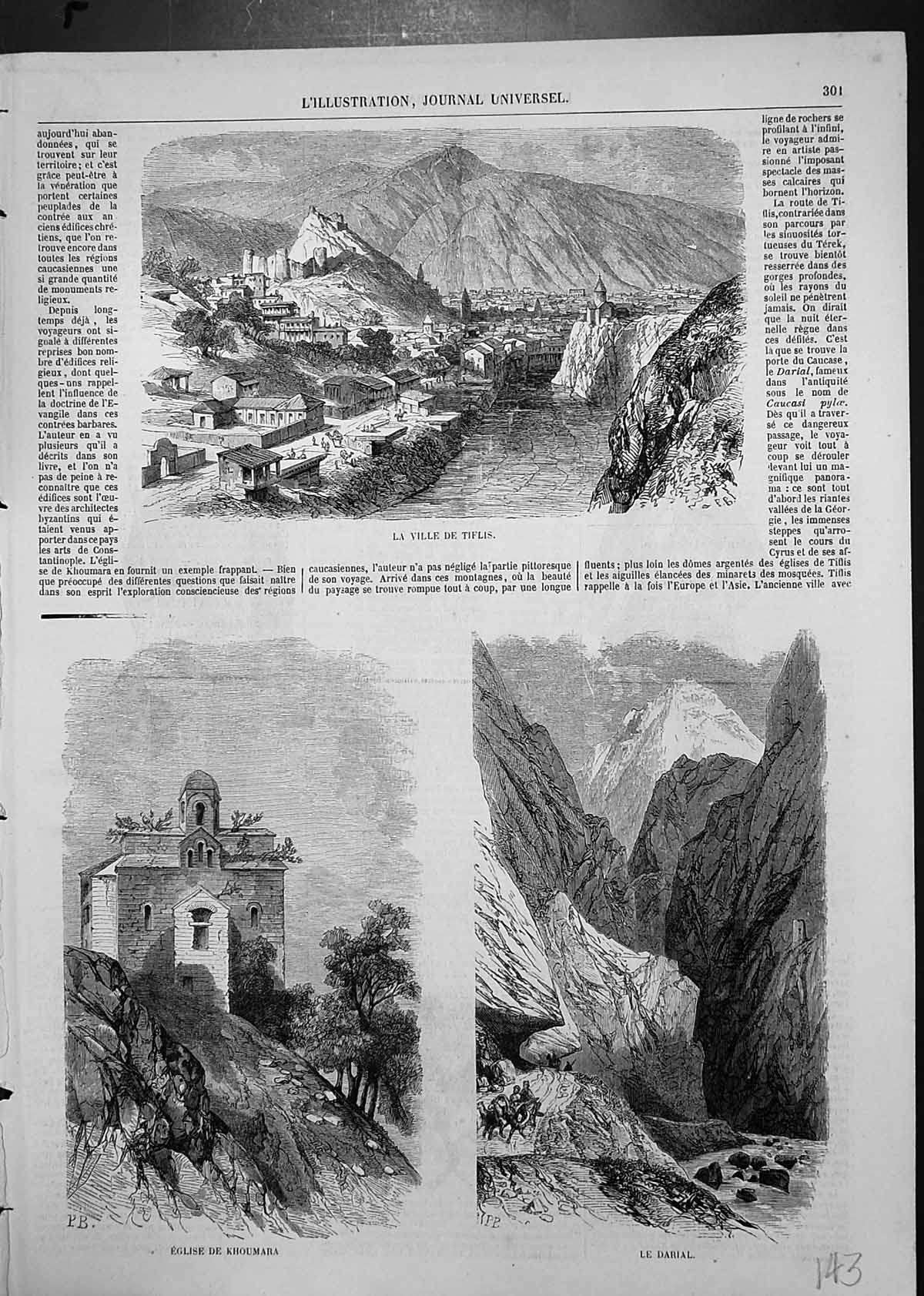 Original Old Antique Print Town Tiflis Church Khoumara Darial Mountains