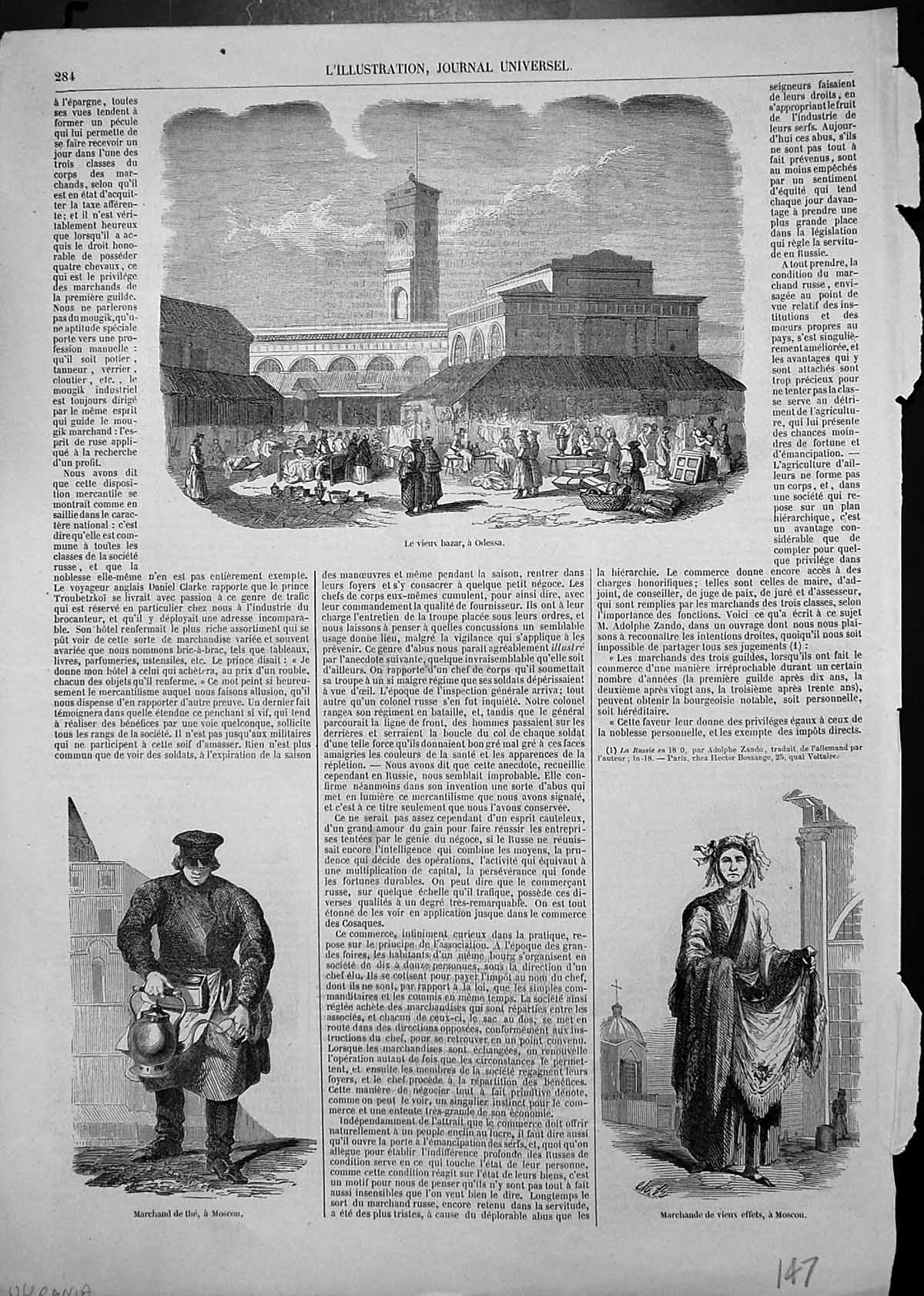 Original Old Antique Print Ukrania Merchants Selling Tea Goods Odessa