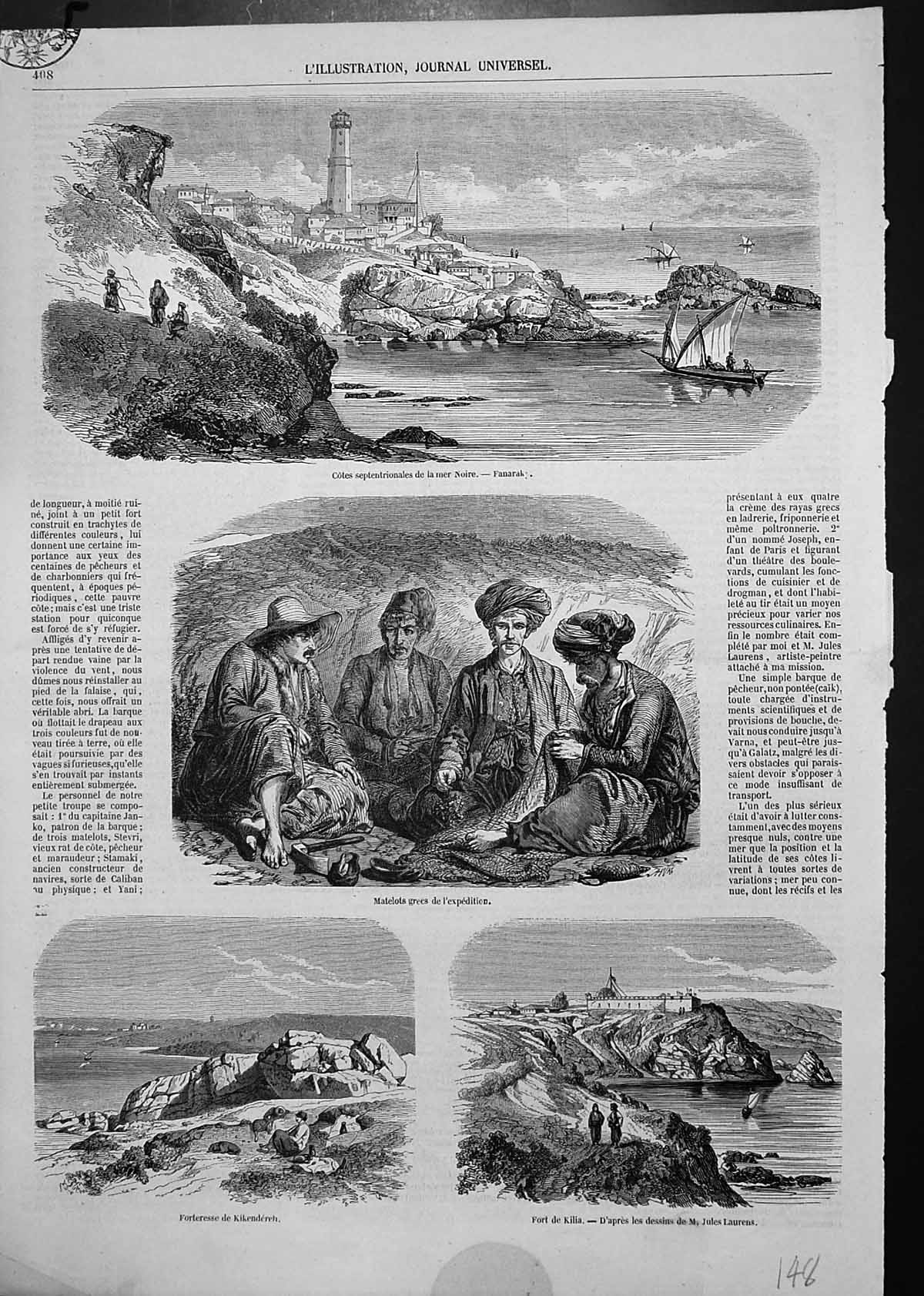 Old Print Fanarak Lighthouse Black Sea Matelots Fortress Kikendereh Kilia
