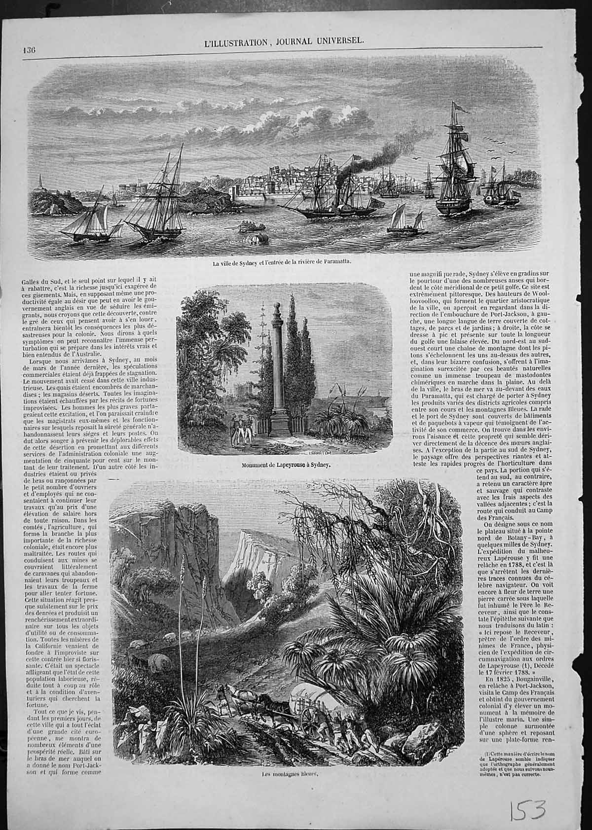 Antique Old Print Town Sydney Entrance River Paramatta Monument Lapeyrouse