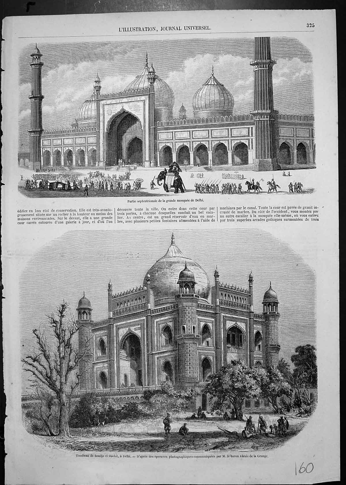 Original Old Antique Print Tomb Soudja Daolat Delhi Sentries Grand Mosque Delhi