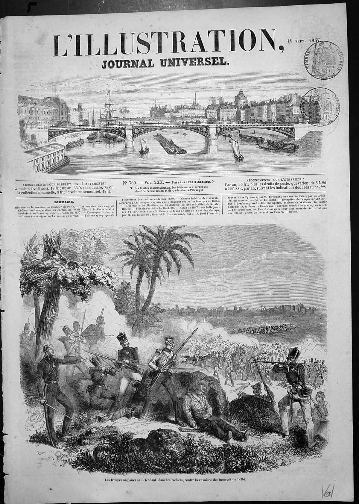 Original Old Antique Print English Troops Defending Against Insurgents Delhi