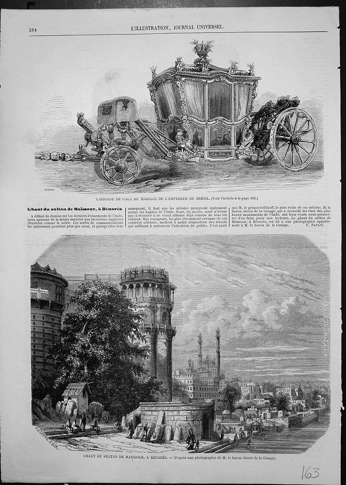 Old Print Carriage Marriage Emperor Brazil Ghaut Sultan Maissour Benares