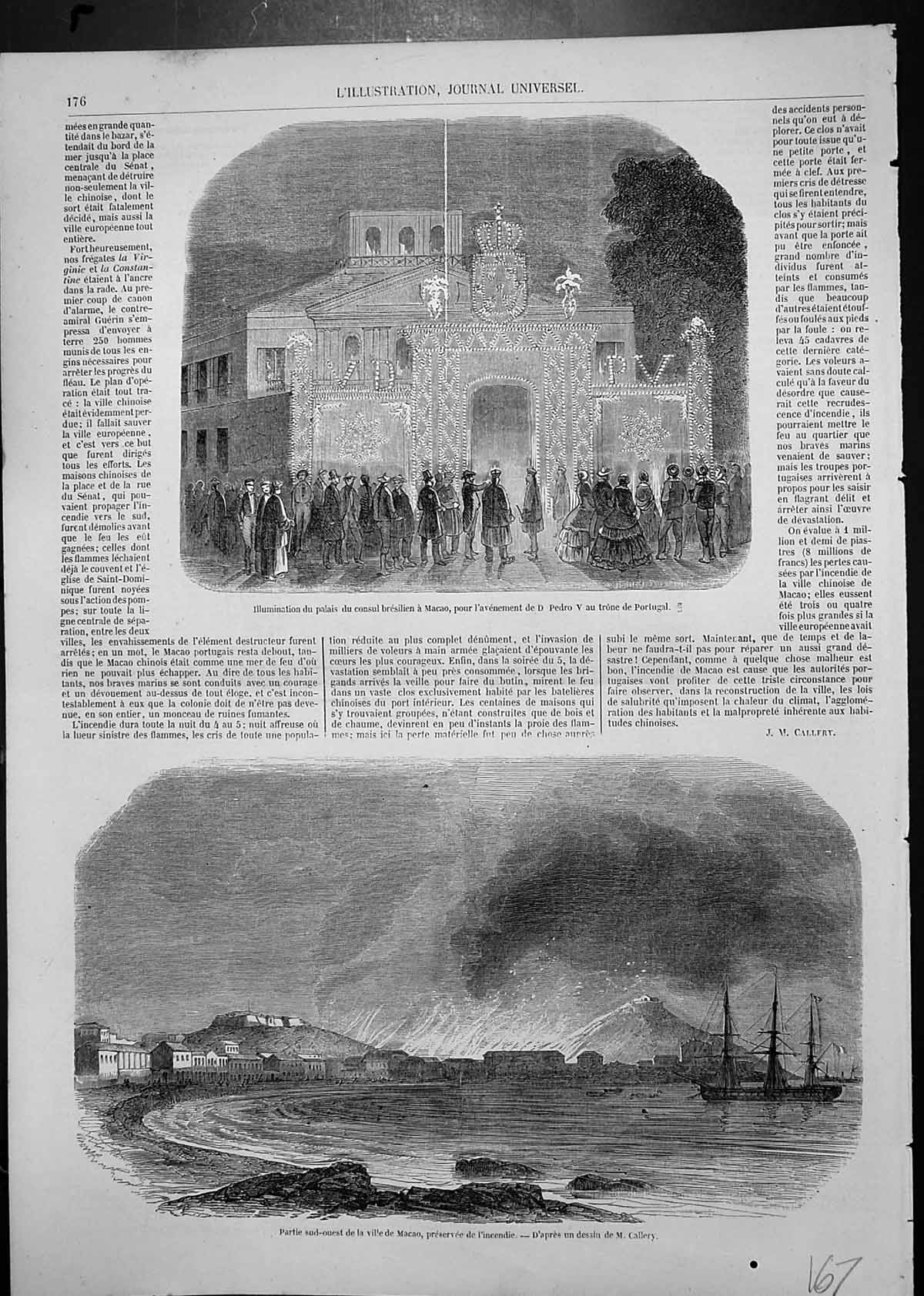 Old Print Illumination Palace Brazilian Consul Town Macao Ship Line Shore