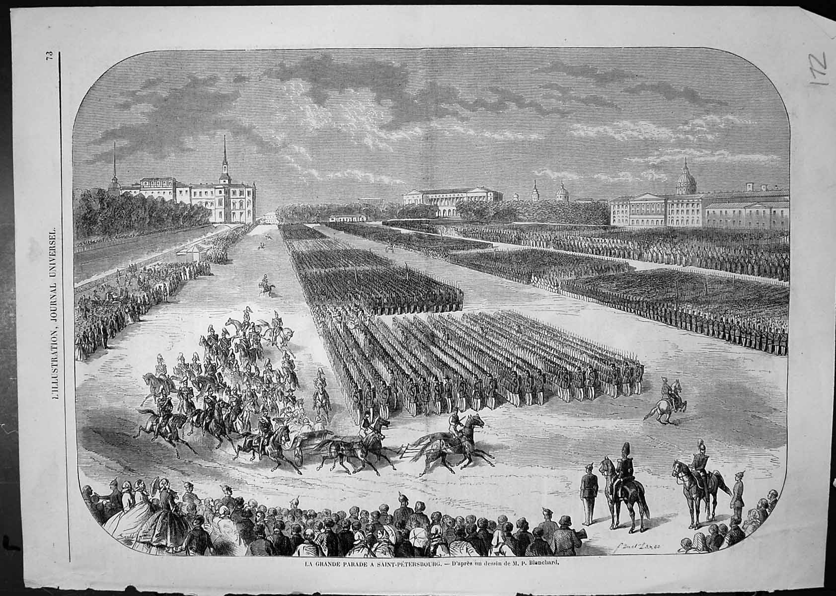 Original Old Antique Print Grand Military Parade St Petersburg M Blanchard