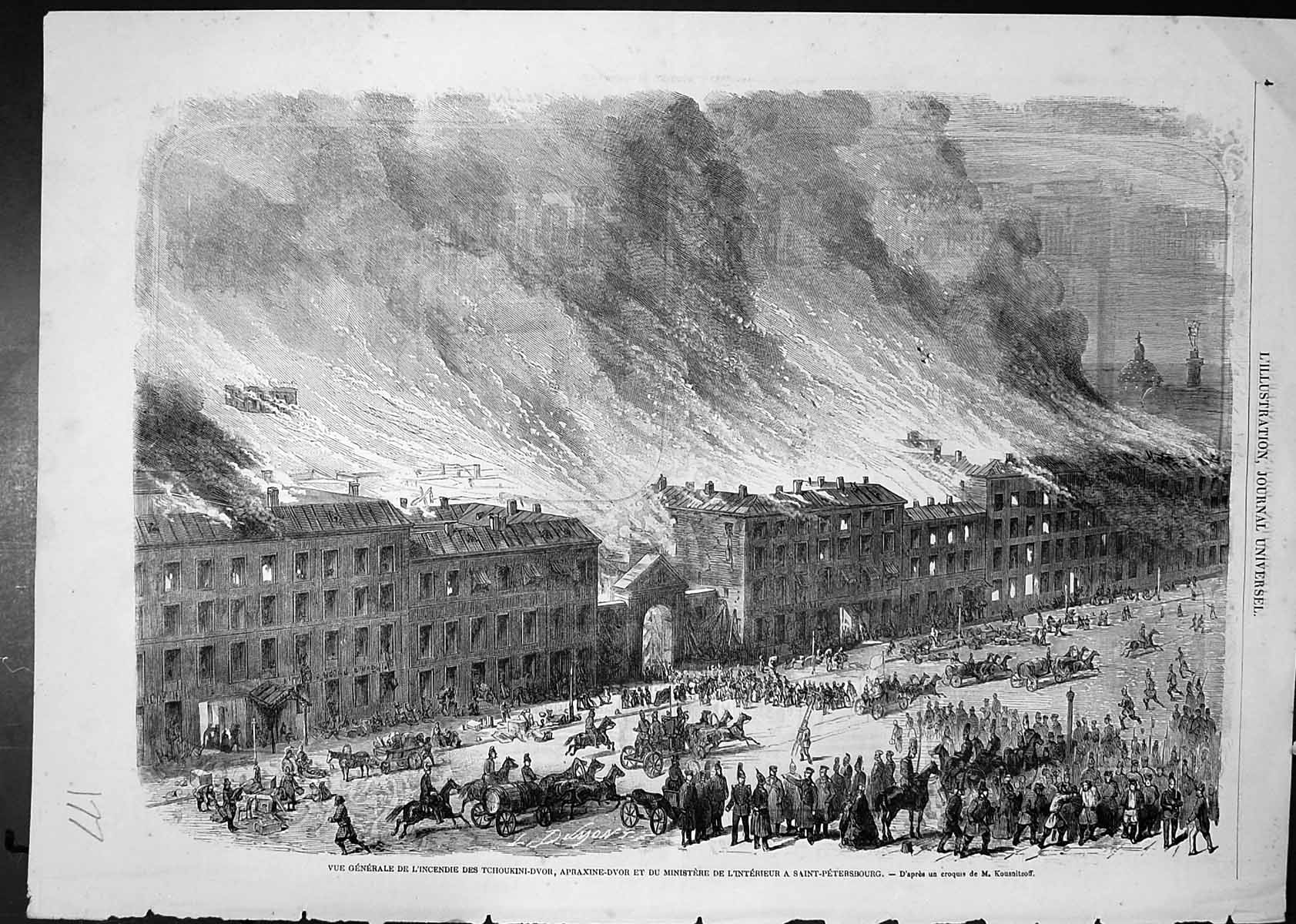 Antique Old Print View Fire Tchoukini-Dvor Ministery Interior St Petersburg