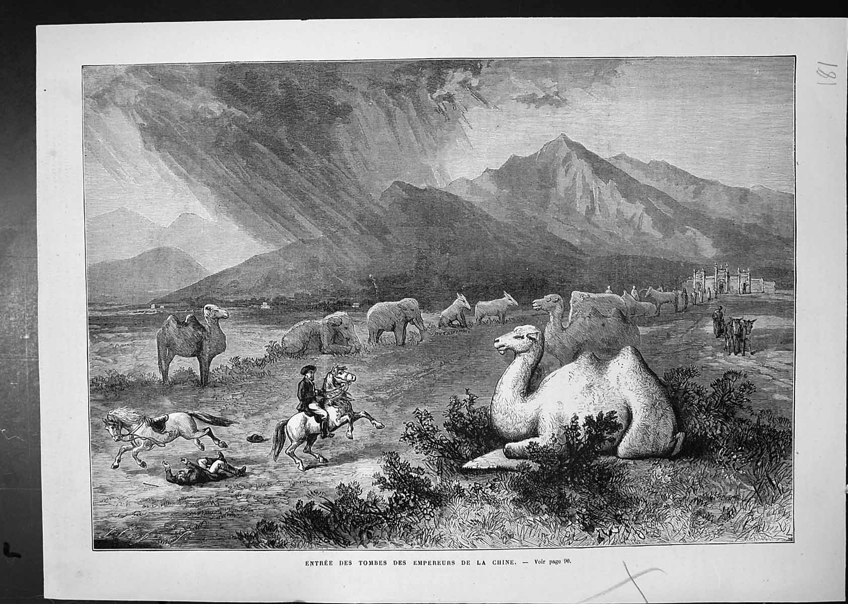 Original Old Antique Print Entry Tombs Emperors China Camels Elephants 19th