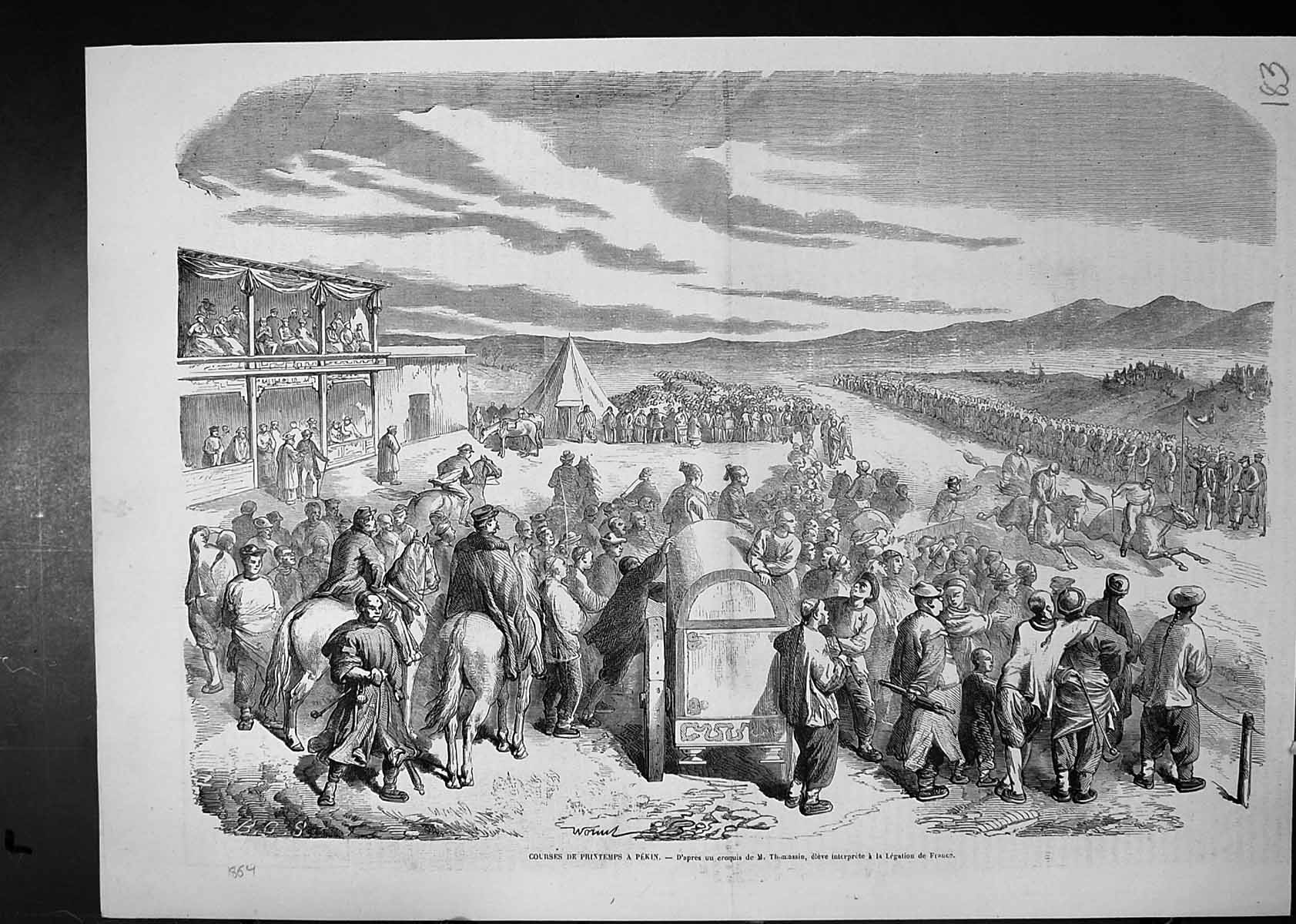 Old Antique Print Races Spring Peking M Thomassin Horses Spectators 1864 19th
