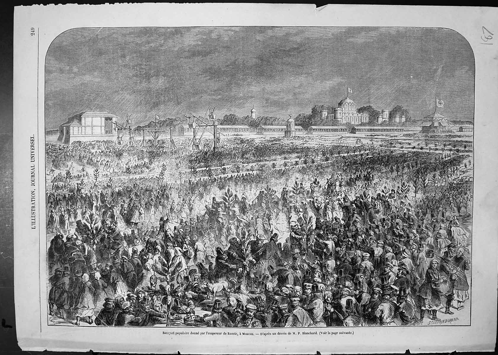 Original Old Antique Print Popular Banquet Given Emperor Russia Moscow 19th