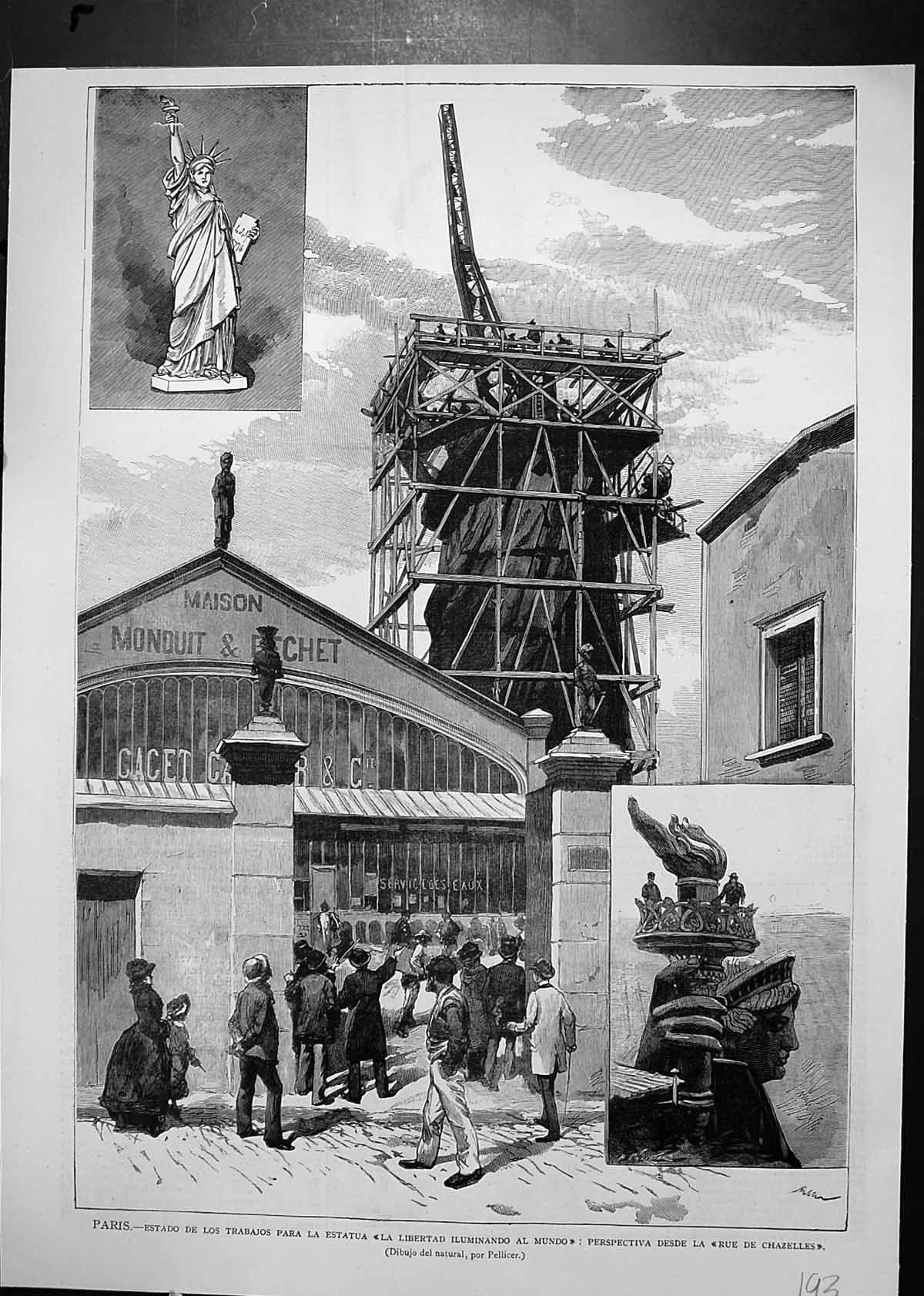 Original Old Antique Print Paris Rue De Chazelles Making Statue Liberty 20th
