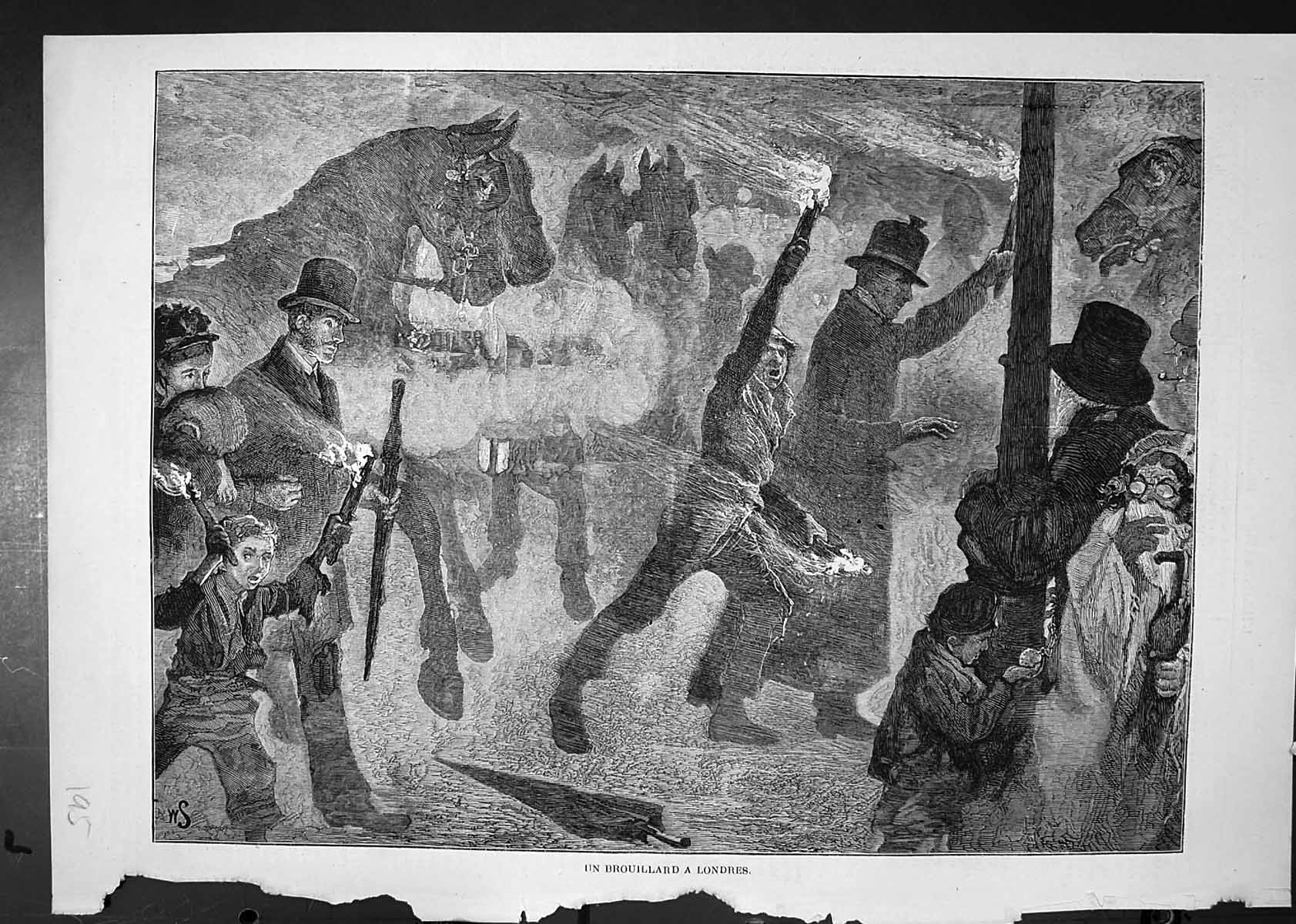 Old Antique Print Fog London Horses Men Burning Poles Leading Passers Bye 20th