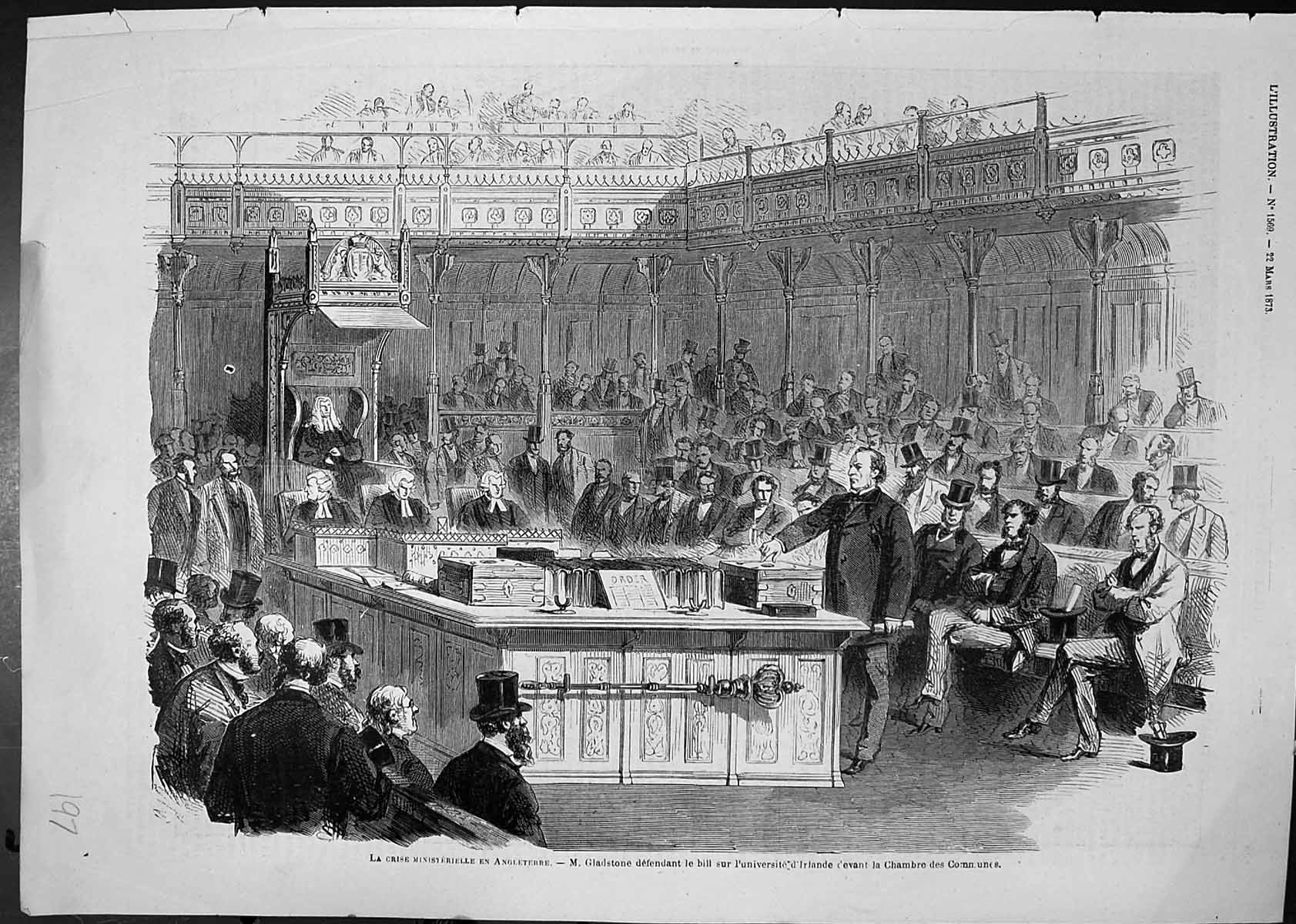 Old Print Ministerial Crisis England Mr Gladstone Bill University Ireland 20th
