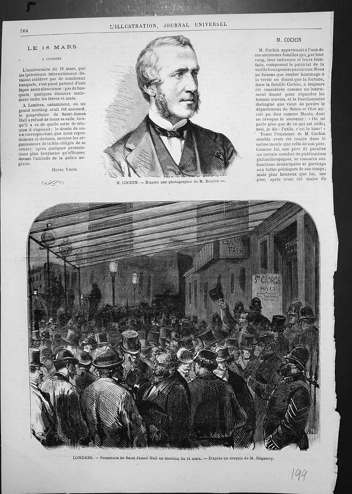 Antique Old Print Portrait M Cochin London Closing Saint James Hall Meeting