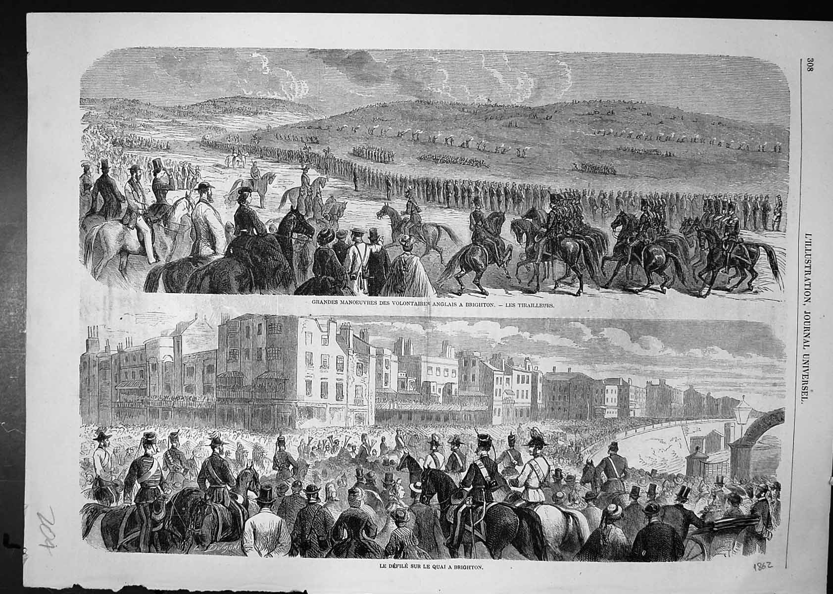 Old Print Manoeuvres Volunteers England Brighton Procession Brighton Quay