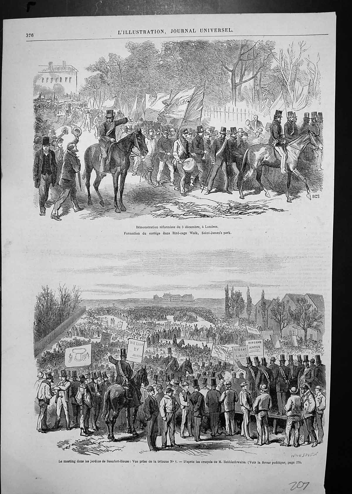 Old Print Demonstrations Reformists London Meeting Beaufort House Gardens