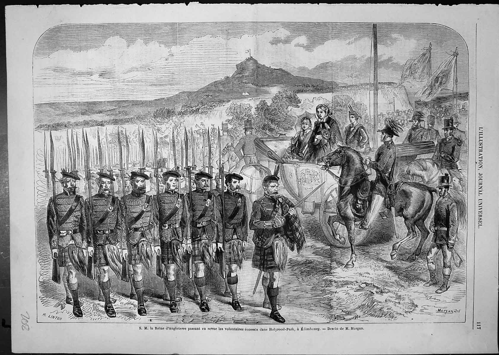 Antique Old Print Queen England Review Scottish Volunteers Holyrood Edinburgh