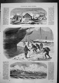 Antique Old Print Russian Station Abandoned Kinburn Ships Men Picks Break Ice