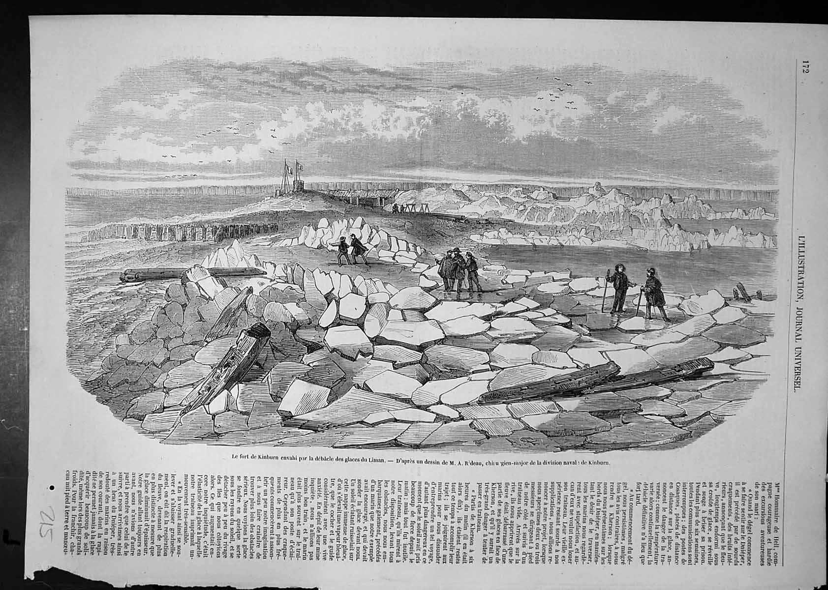 Antique Old Print Fort Kinburn Surrounded Ice Liman M R'Deau Naval Division