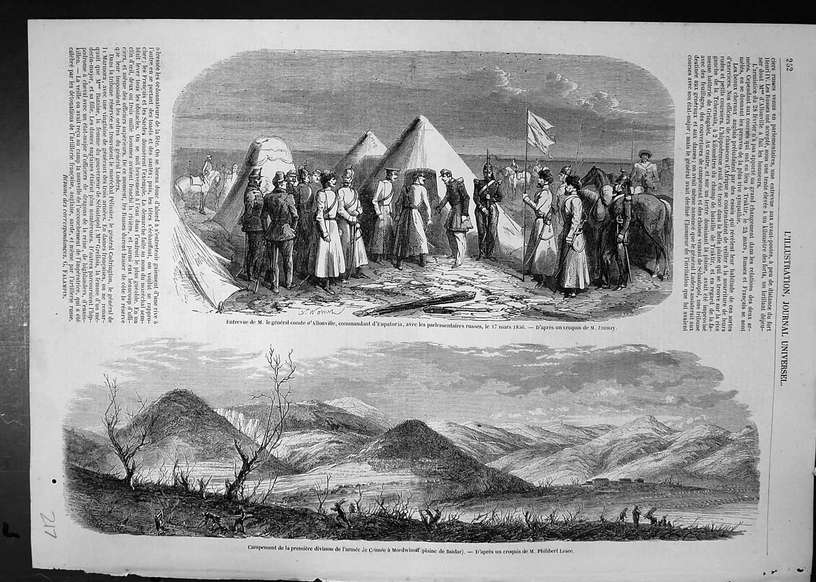 Old Print General Count Allonville Russians 1856 Camp Army Crimea Mordwin 19th