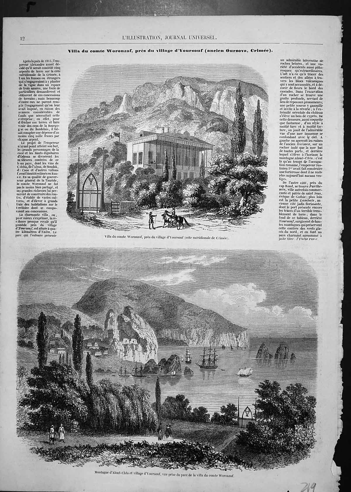 Antique Print Villa Count Woronzvillage Yoursouf Crimea Mountain Alout Chta