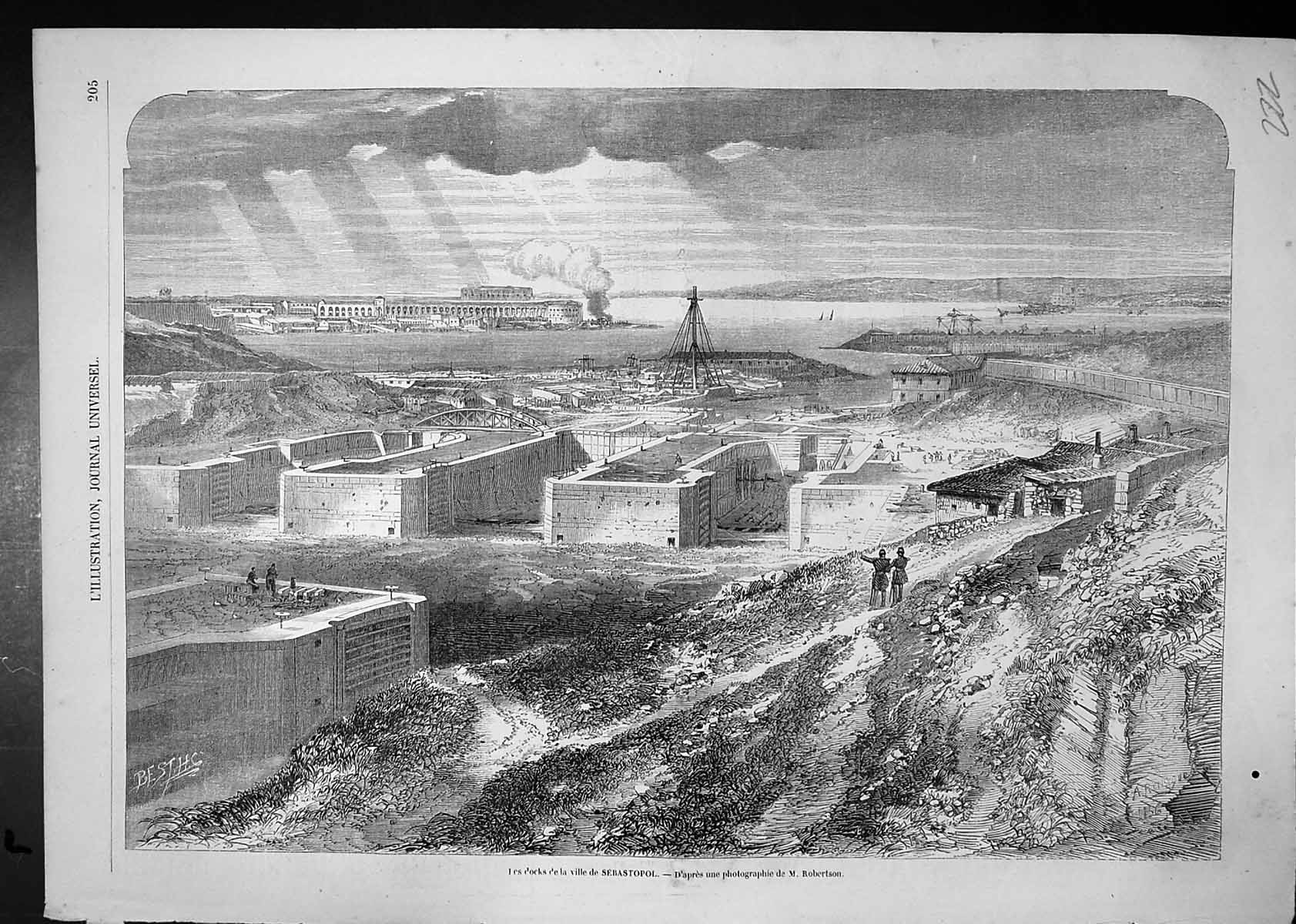 Original Old Antique Print Docks Town Sebastopol M Robertson Harbour Bay