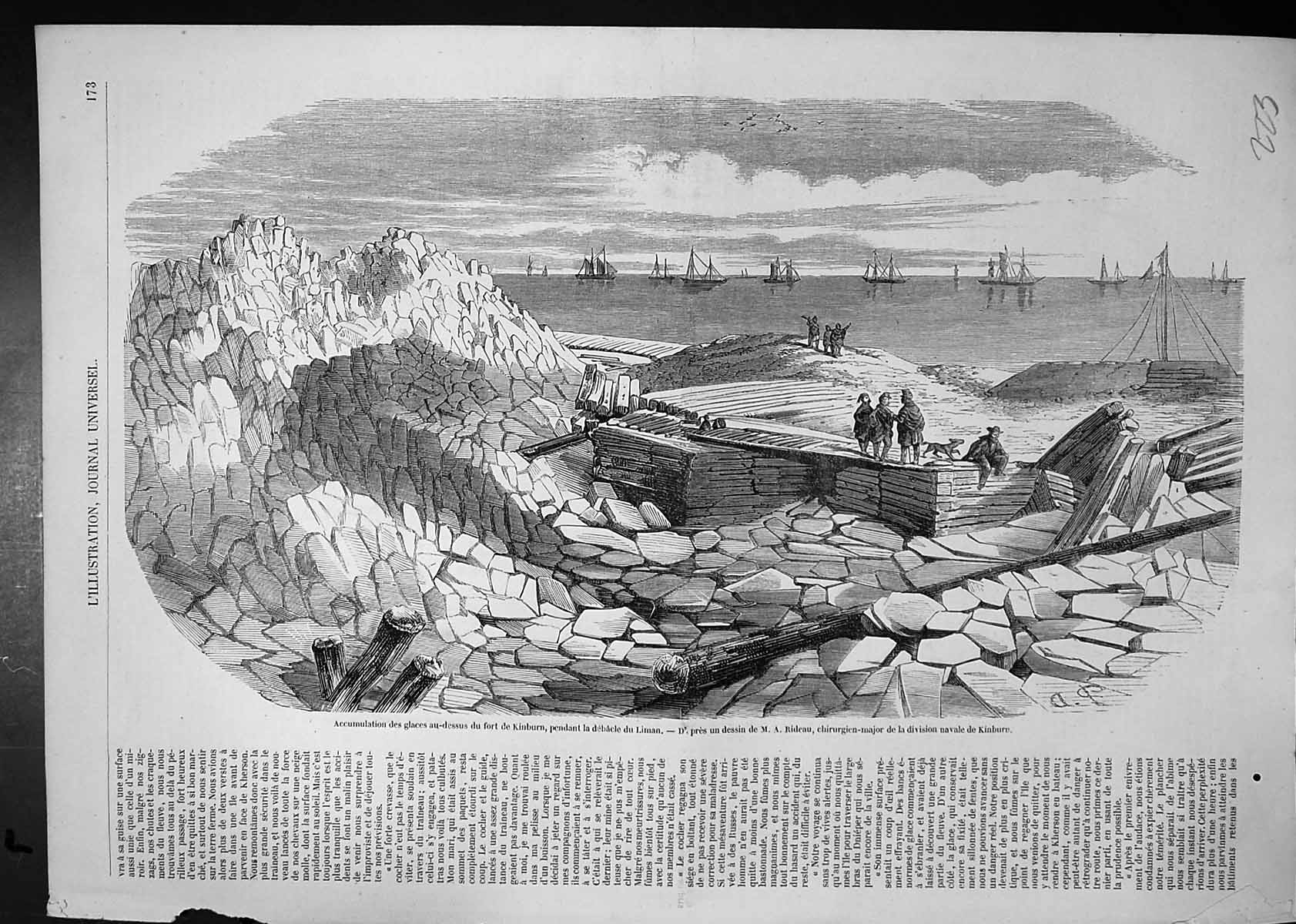 Antique Old Print Accumulation Blocks Ice Fort Kinburn During Collapse Liman