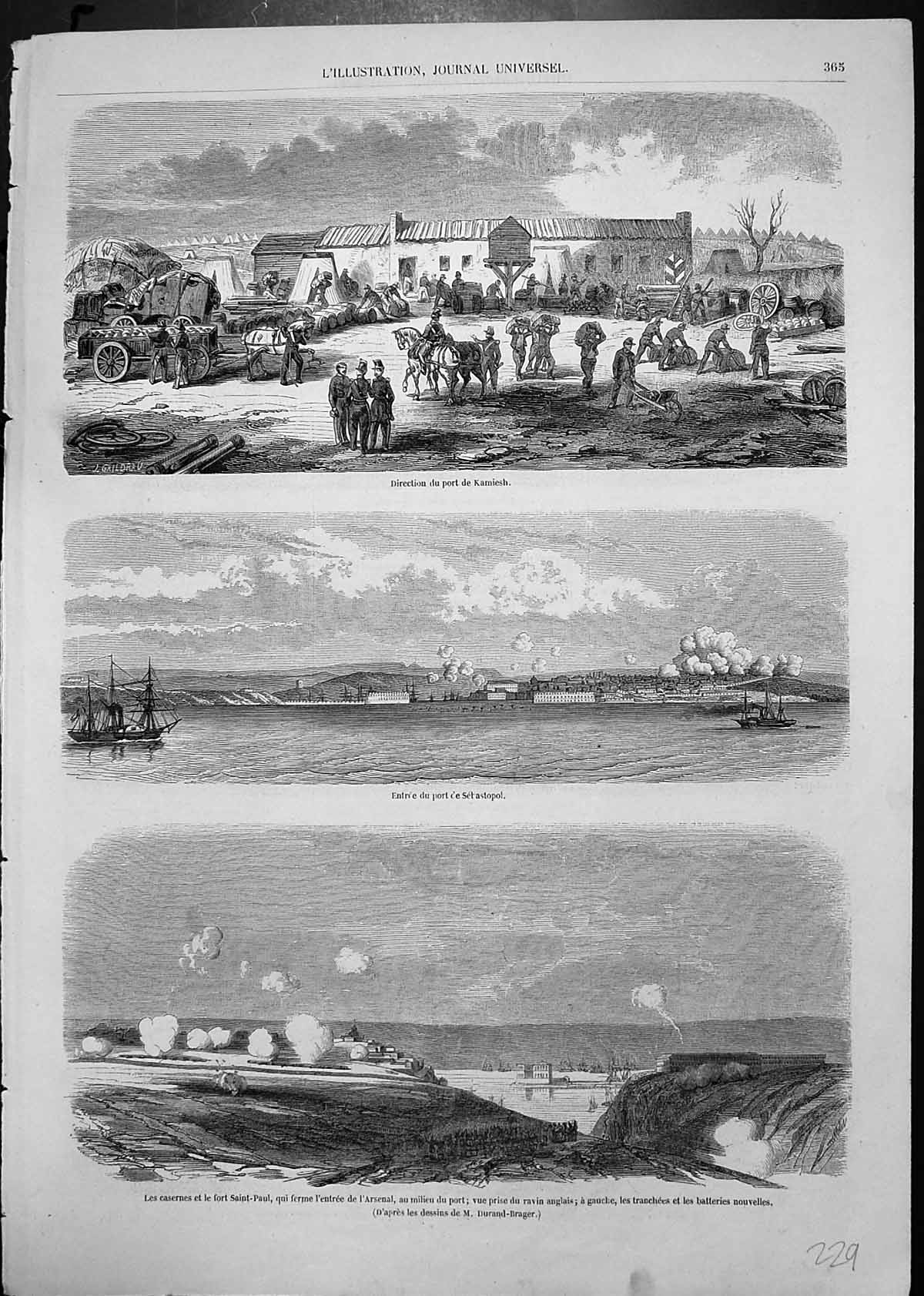 Antique Old Print Port Kamiesh Entrance Port Sebastopol Fort St Paul Trenches