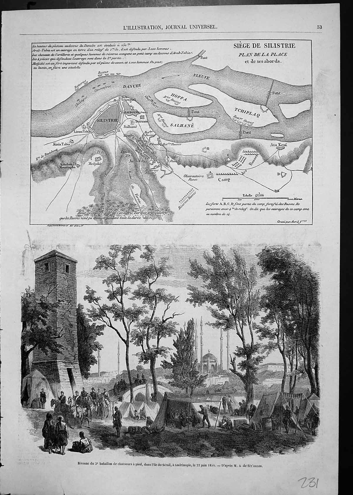 Old Print Map Siege Silistrie Bivoac 3Rd Batallion Siers Isle Serail And