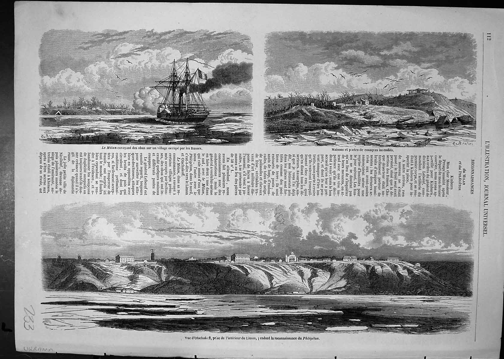 Antique Old Print Ukrania View Otschakoff Near Liman Phlegeton Ship Le Milan