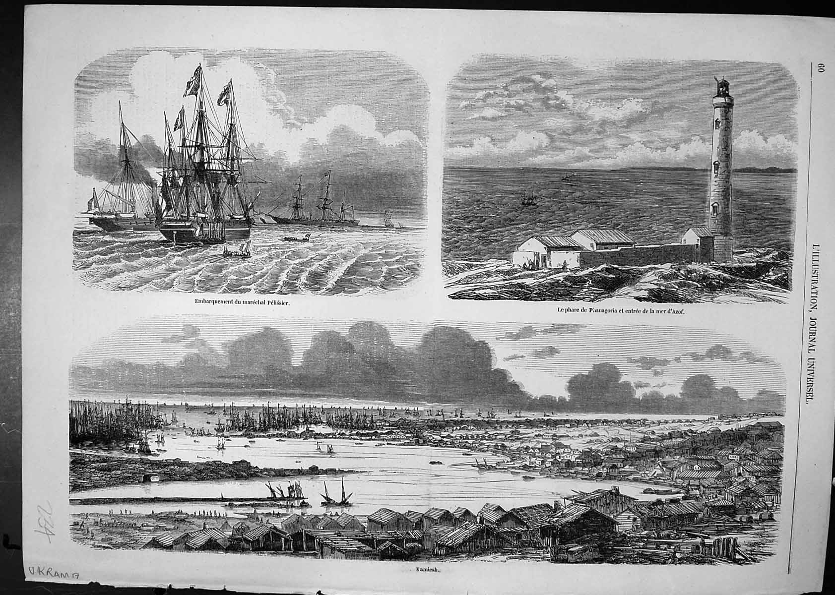 Old Print Ukrania Kamiesh Embarkment Ship Pelissier Lighthouse Phanagoria