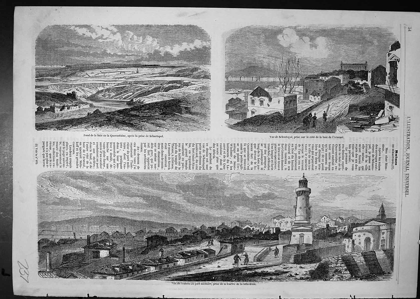 Antique Old Print View Entrance Military Port Sebastopol Bay After Capture