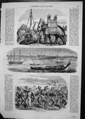 Antique Old Print War Elephants System General Orgoni Town Rangoon Dancers