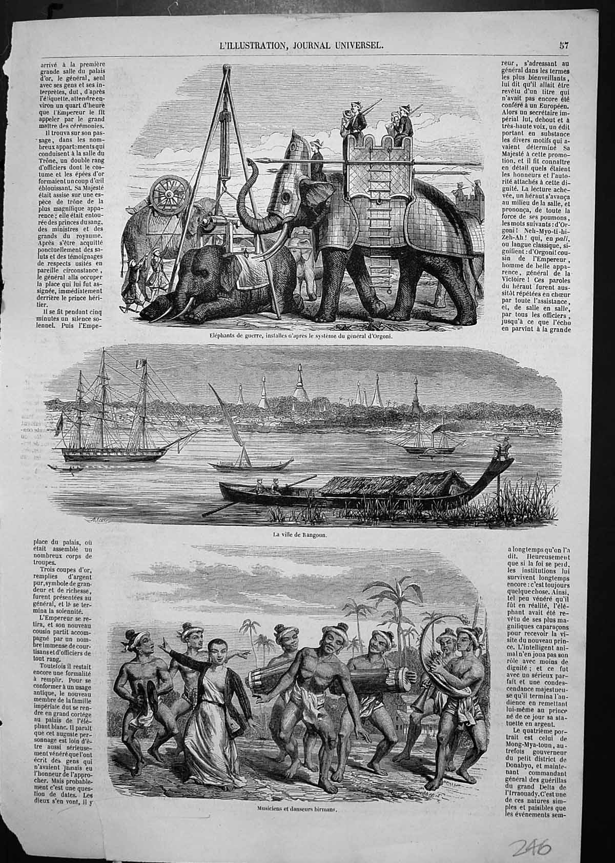 Antique Old Print War Elephants System General Orgoni Town Rangoon Dancers