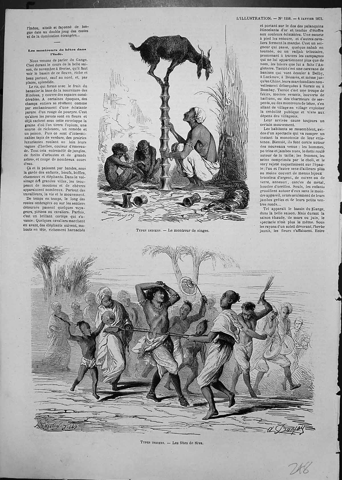 Antique Old Print Types Indians Fete Siva Dancing Music Goat Balancing Pole
