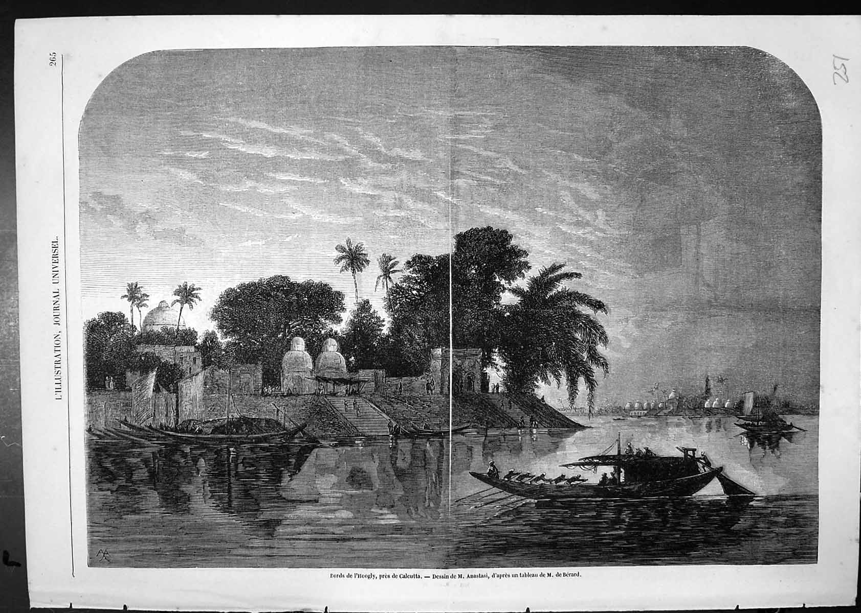 Antique Old Print Waters Hoogly Near Calcutta Rowing Boats Palm Trees Berard